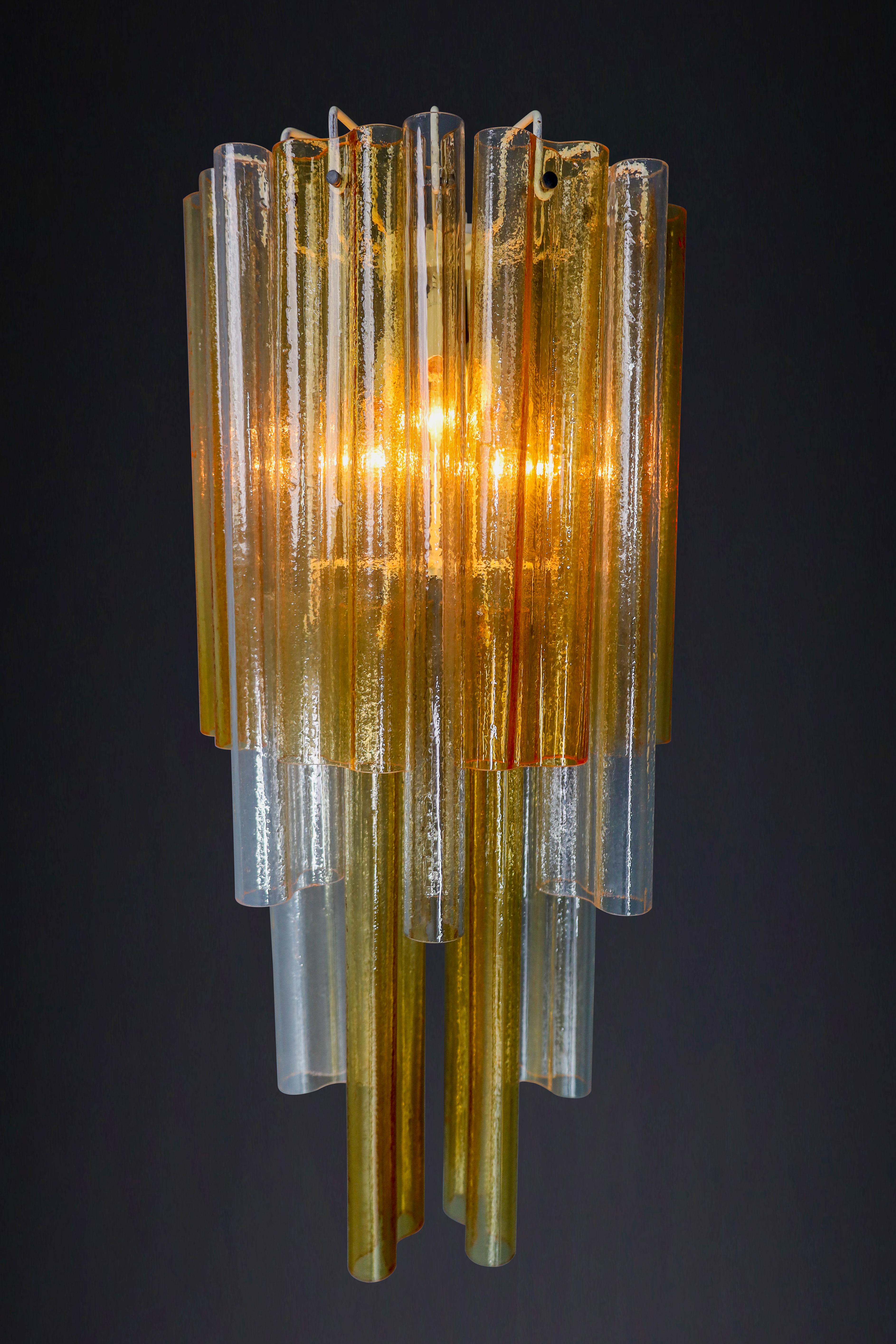 Italian Pair XXL Venini Wall Chandeliers with Murano Amber and Ice Glass, Italy 1960 For Sale