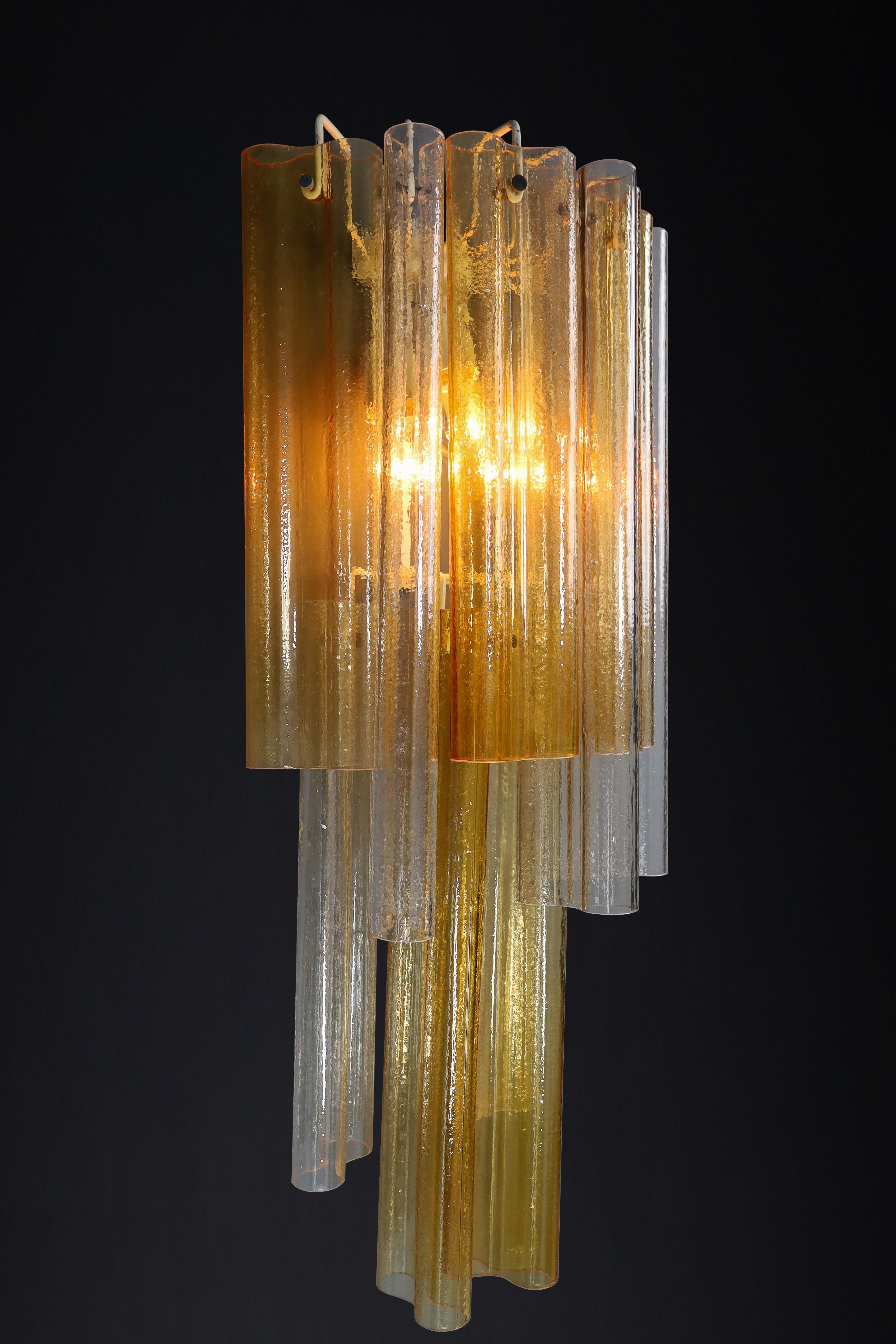 20th Century Pair XXL Venini Wall Chandeliers with Murano Amber and Ice Glass, Italy 1960 For Sale
