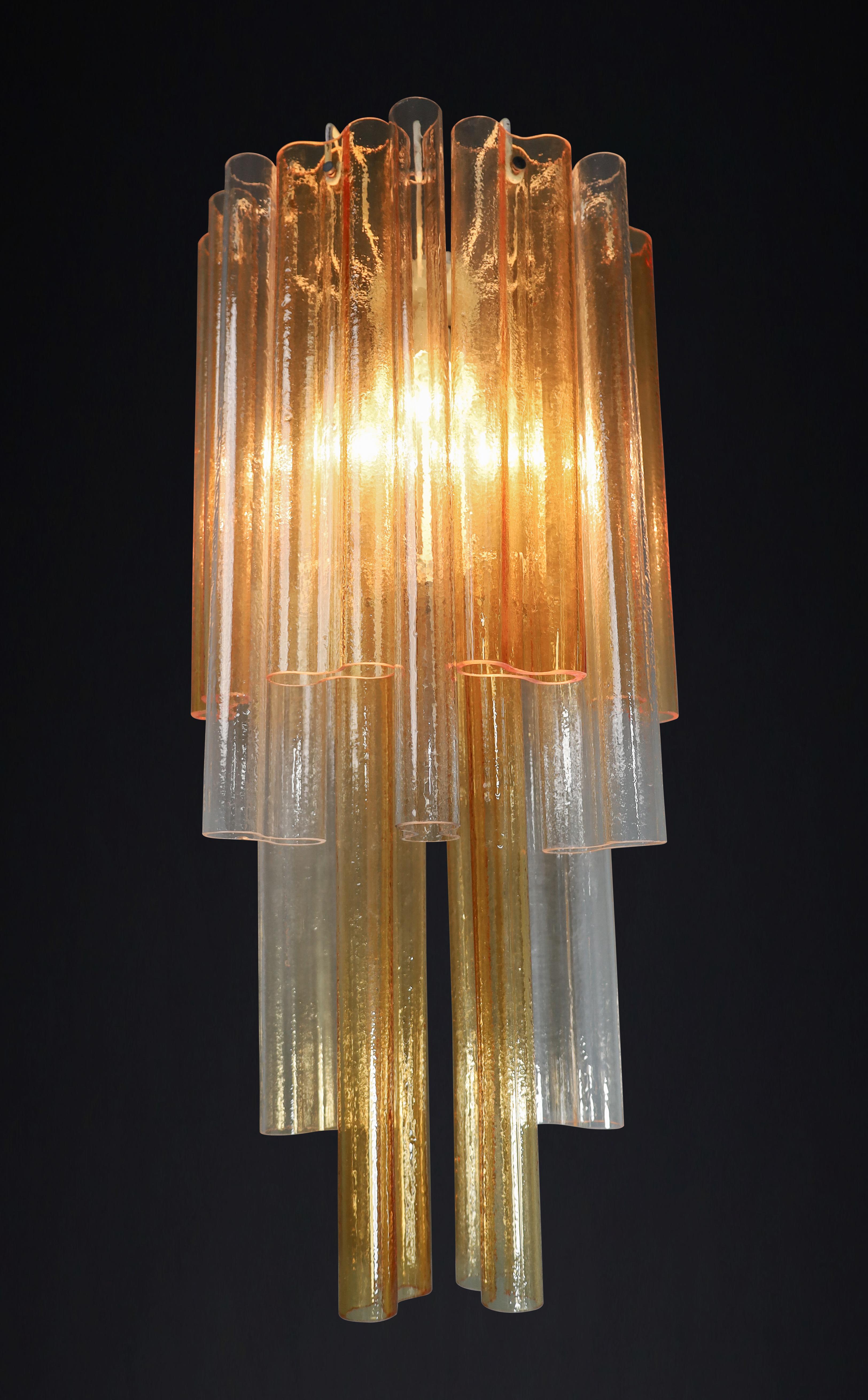 Metal Pair XXL Venini Wall Chandeliers with Murano Amber and Ice Glass, Italy 1960 For Sale