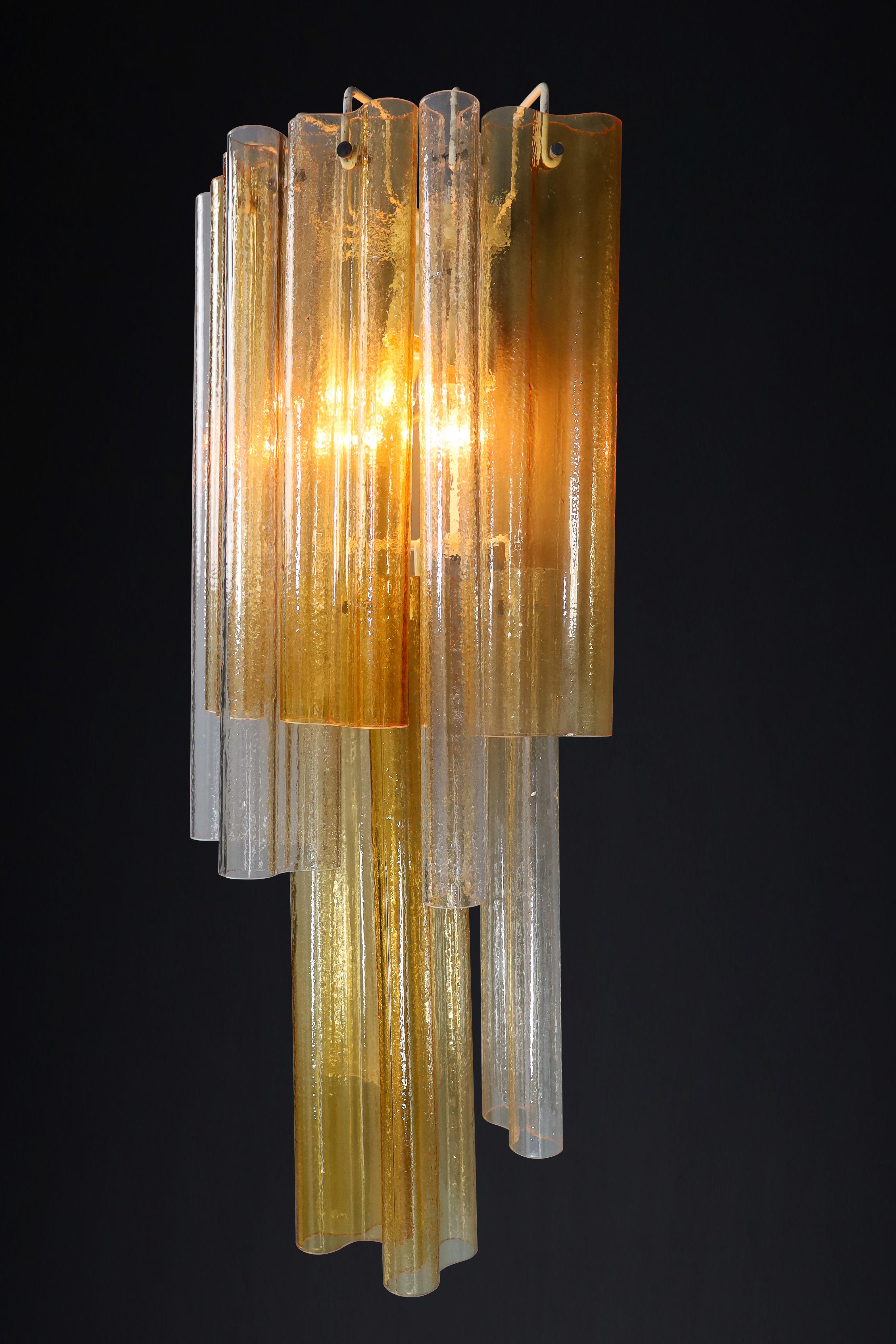 Pair XXL Venini Wall Chandeliers with Murano Amber and Ice Glass, Italy 1960 For Sale 1