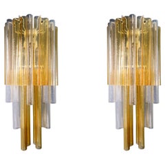 Retro Pair XXL Venini Wall Chandeliers with Murano Amber and Ice Glass, Italy 1960