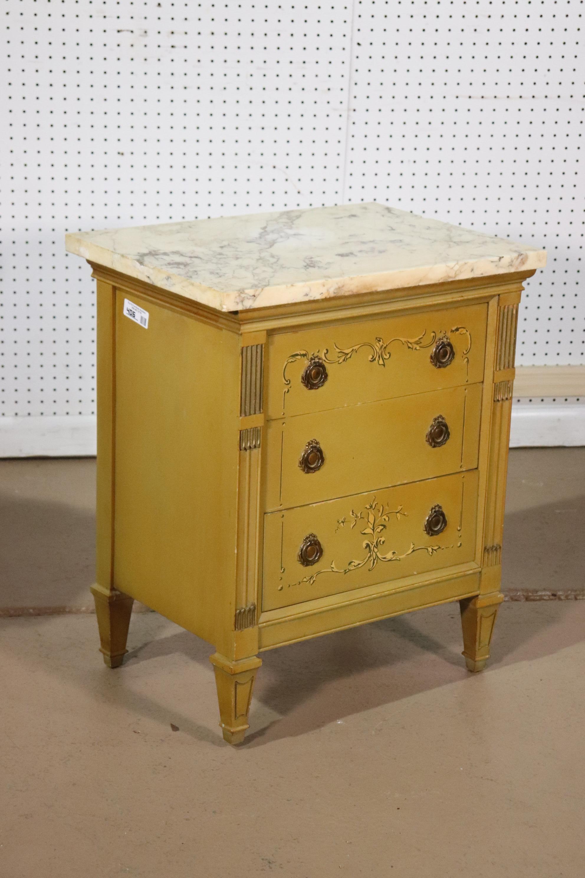 Pair Yellow Ochre Paint Decorated Marble Top French Louis XVI Nightstands 3