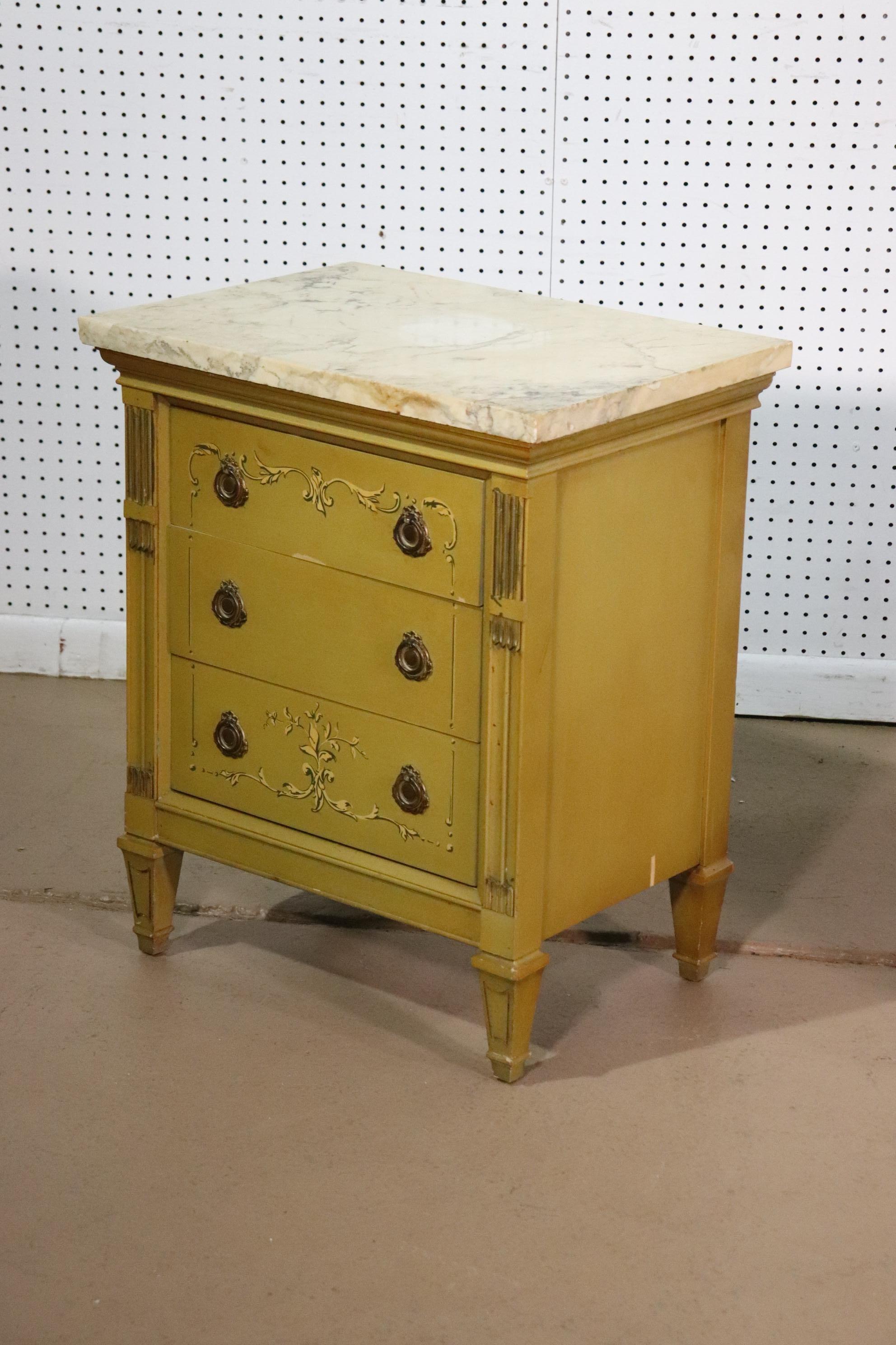 Pair Yellow Ochre Paint Decorated Marble Top French Louis XVI Nightstands 4