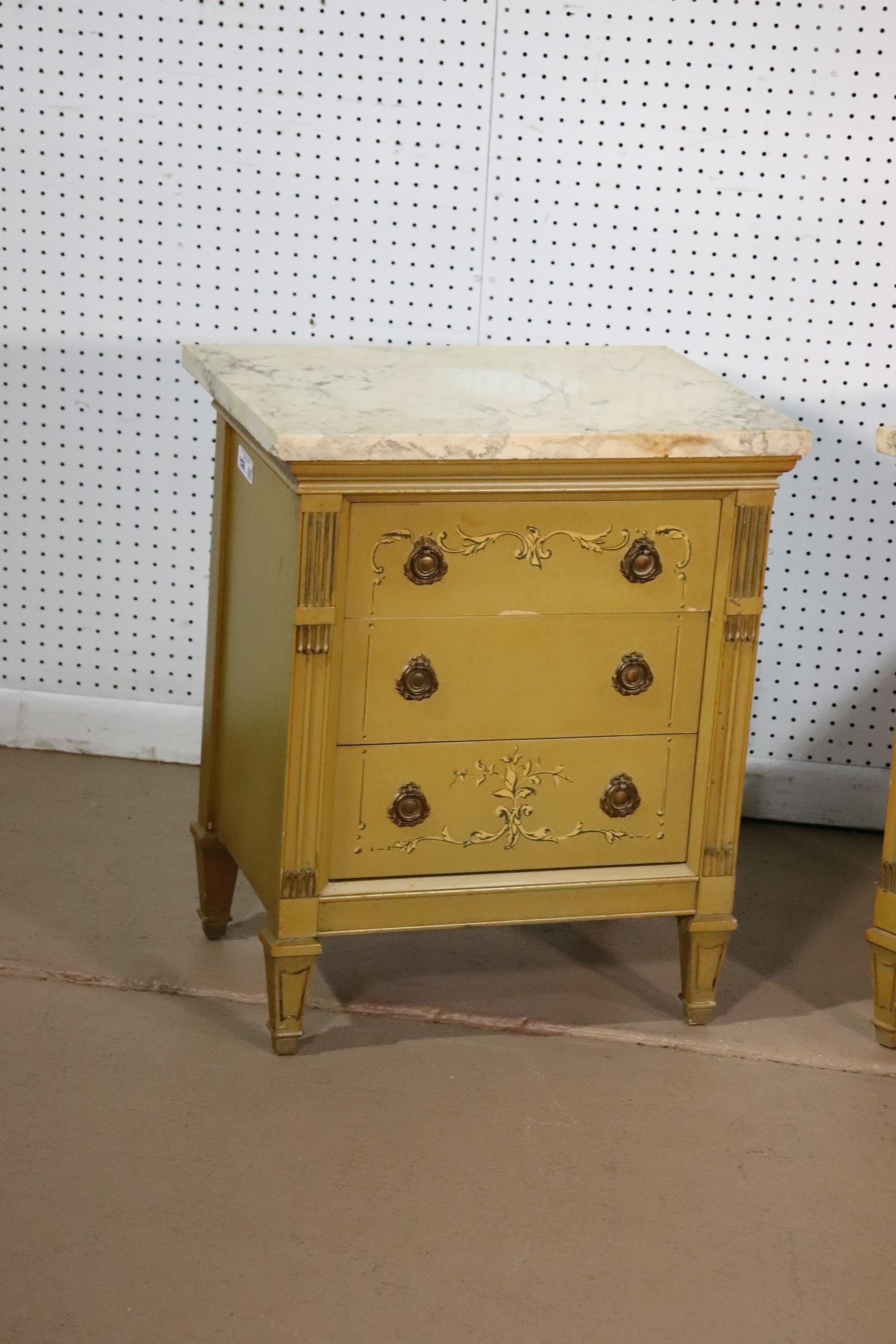 American Pair Yellow Ochre Paint Decorated Marble Top French Louis XVI Nightstands