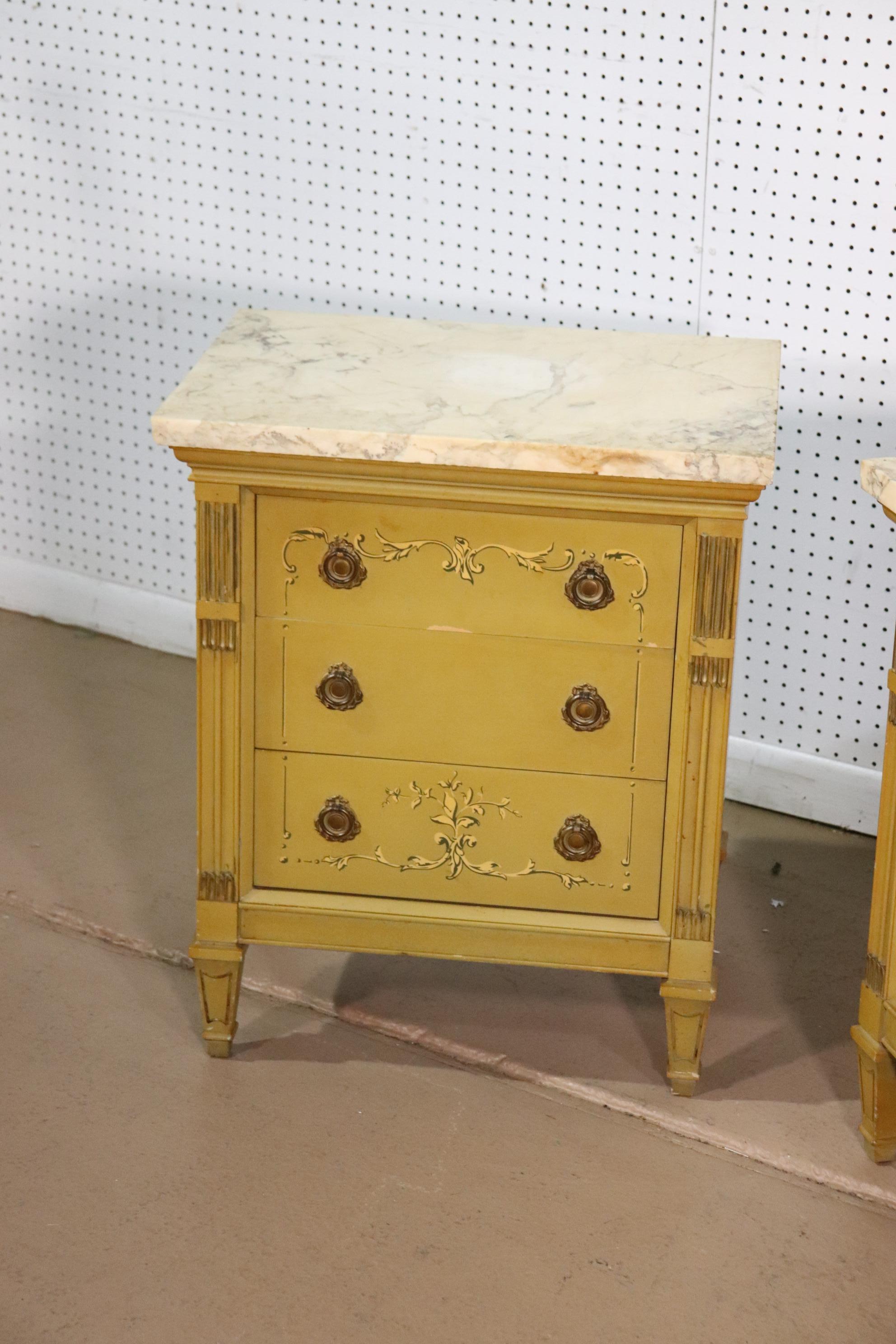 Mid-20th Century Pair Yellow Ochre Paint Decorated Marble Top French Louis XVI Nightstands