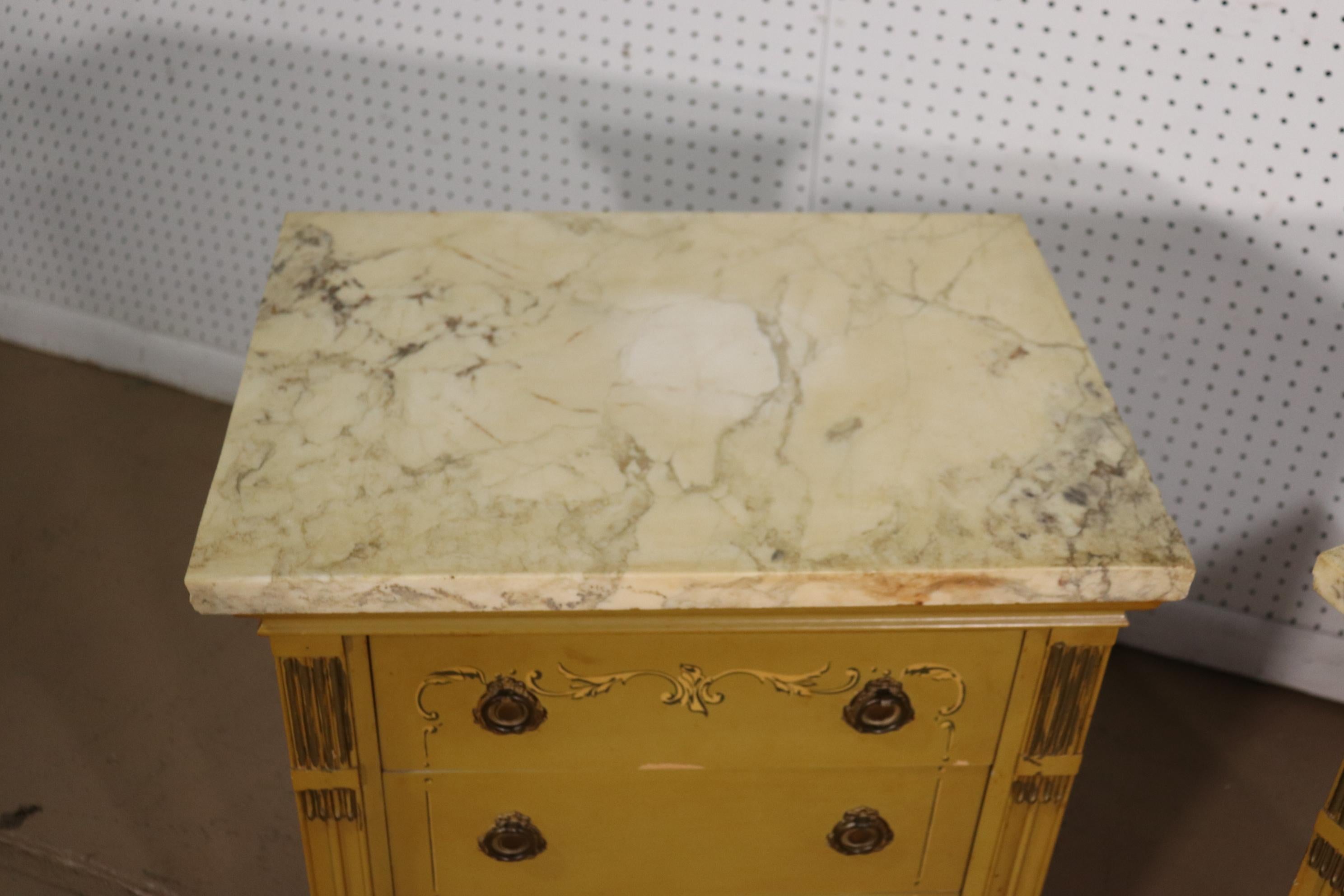 Fruitwood Pair Yellow Ochre Paint Decorated Marble Top French Louis XVI Nightstands