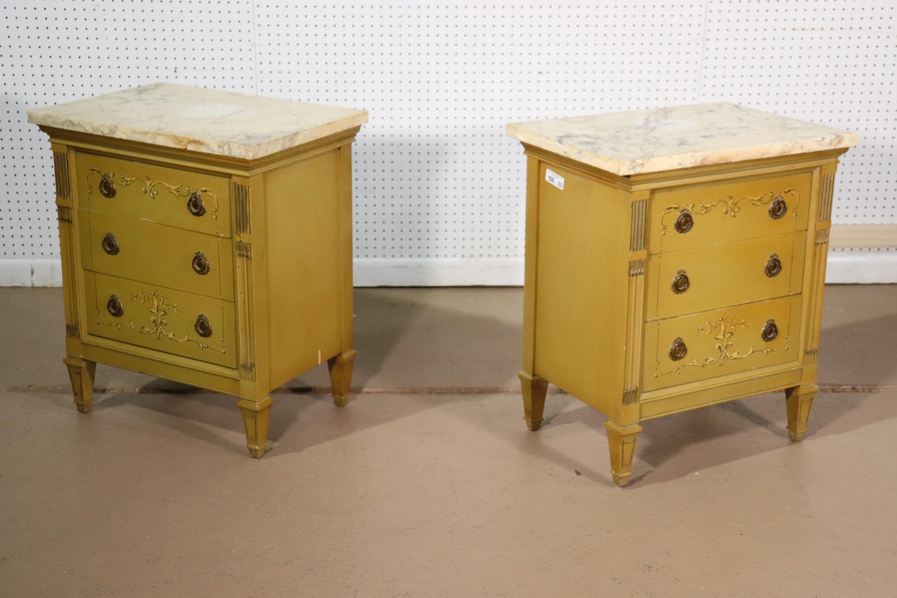 Pair Yellow Ochre Paint Decorated Marble Top French Louis XVI Nightstands 2