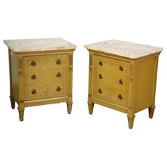Pair Yellow Ochre Paint Decorated Marble Top French Louis XVI Nightstands