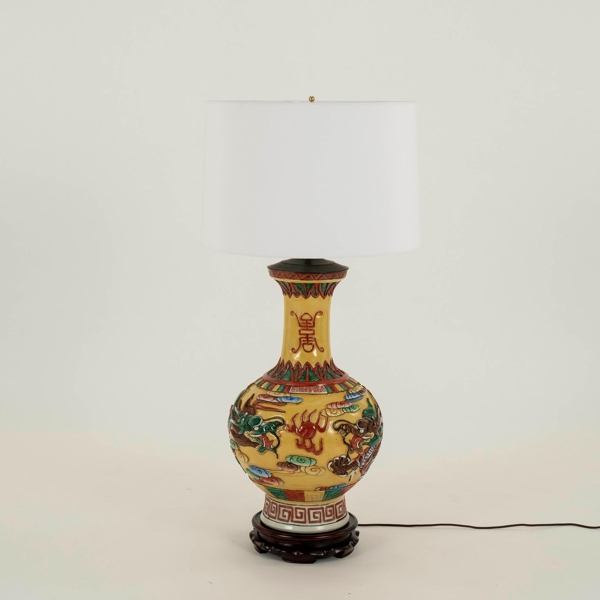 Chinese Export Pair Yellow Porceailn Dragon Table Lamps For Sale