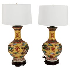 Vintage Pair Yellow Porceailn Dragon Table Lamps