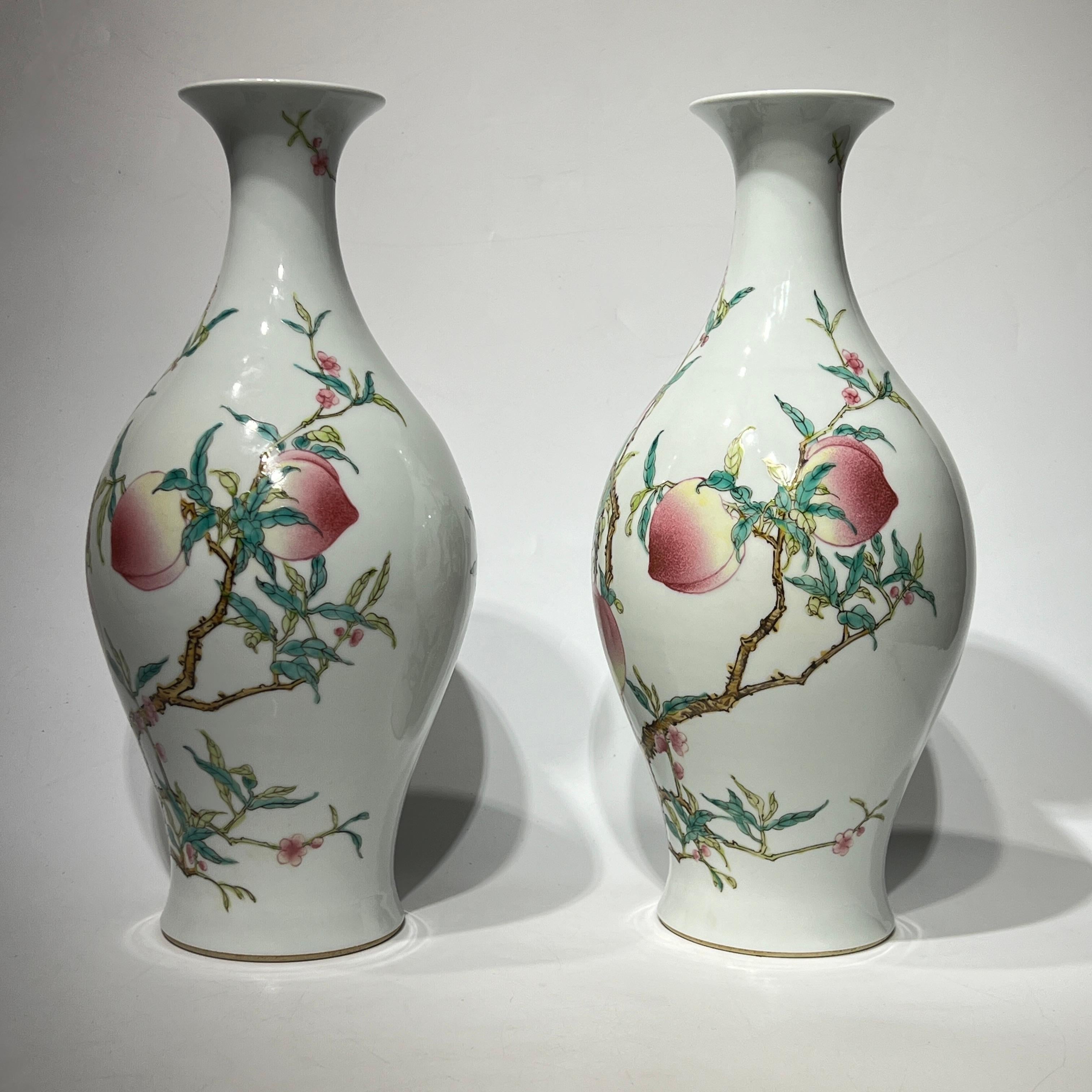 Qing Pair Yongzheng Style Chinese Export Porcelain Vases with Peach Tree Designs For Sale