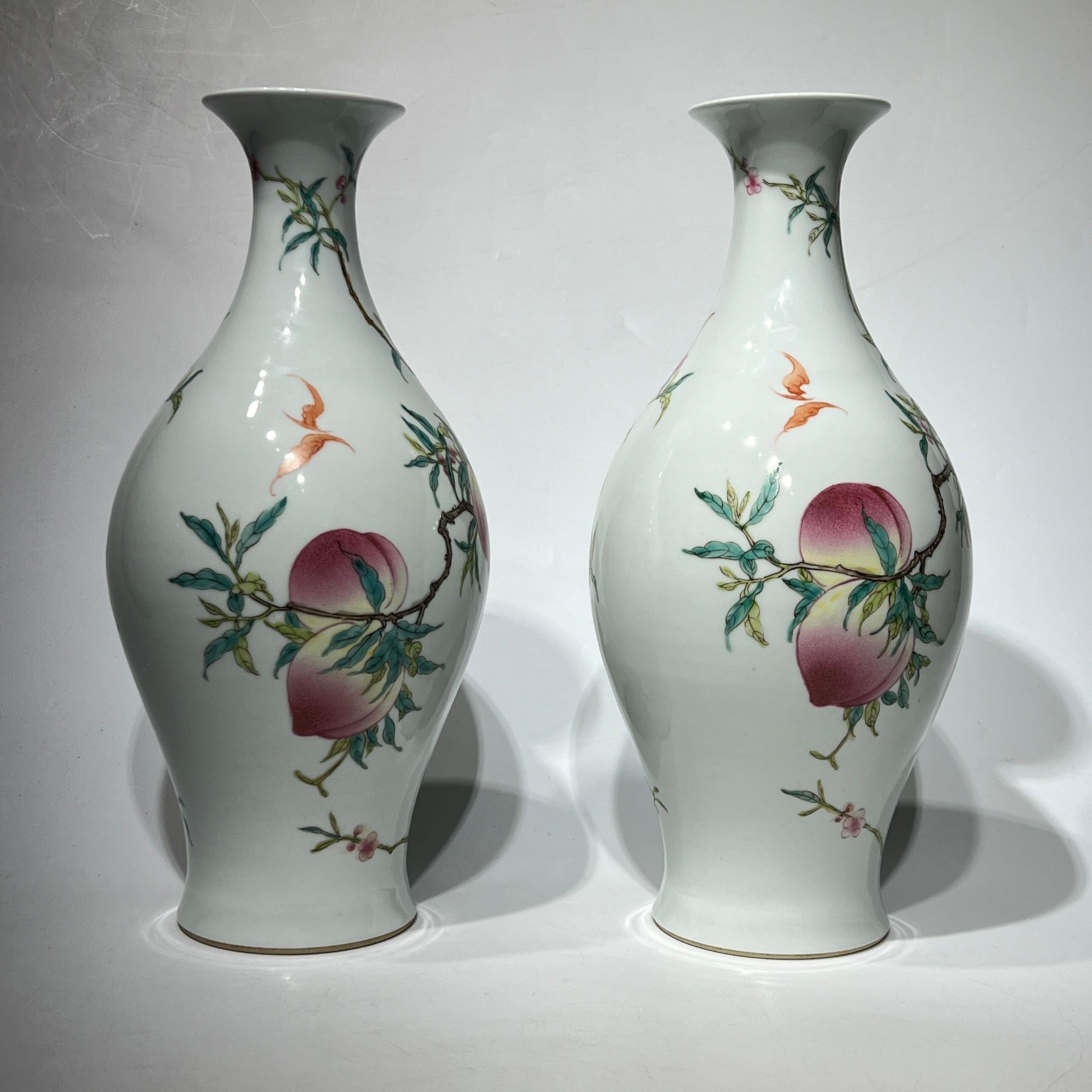 Enameled Pair Yongzheng Style Chinese Export Porcelain Vases with Peach Tree Designs For Sale