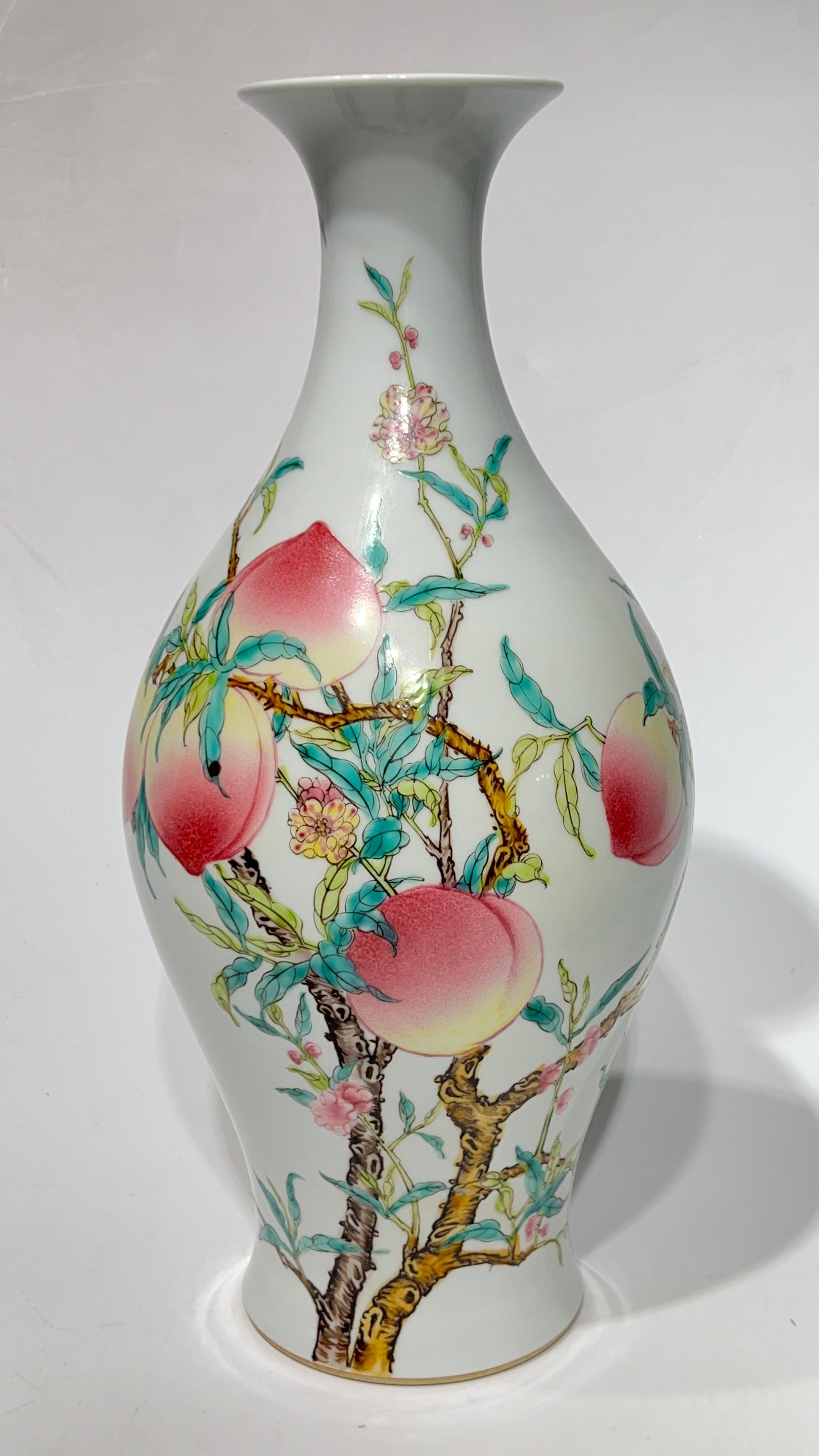 Pair Yongzheng Style Chinese Export Porcelain Vases with Peach Tree Designs In Good Condition For Sale In New York, NY