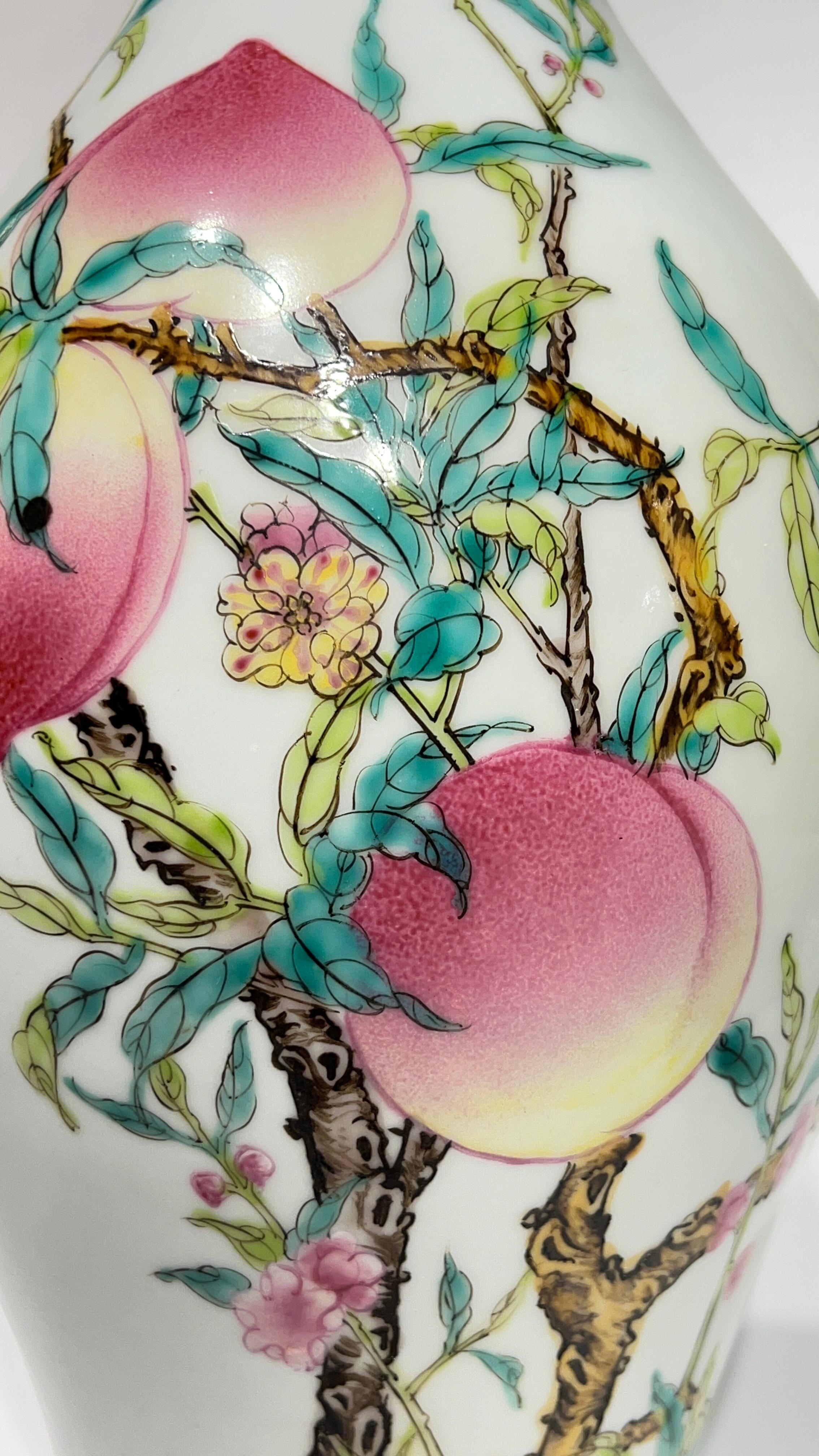 20th Century Pair Yongzheng Style Chinese Export Porcelain Vases with Peach Tree Designs For Sale