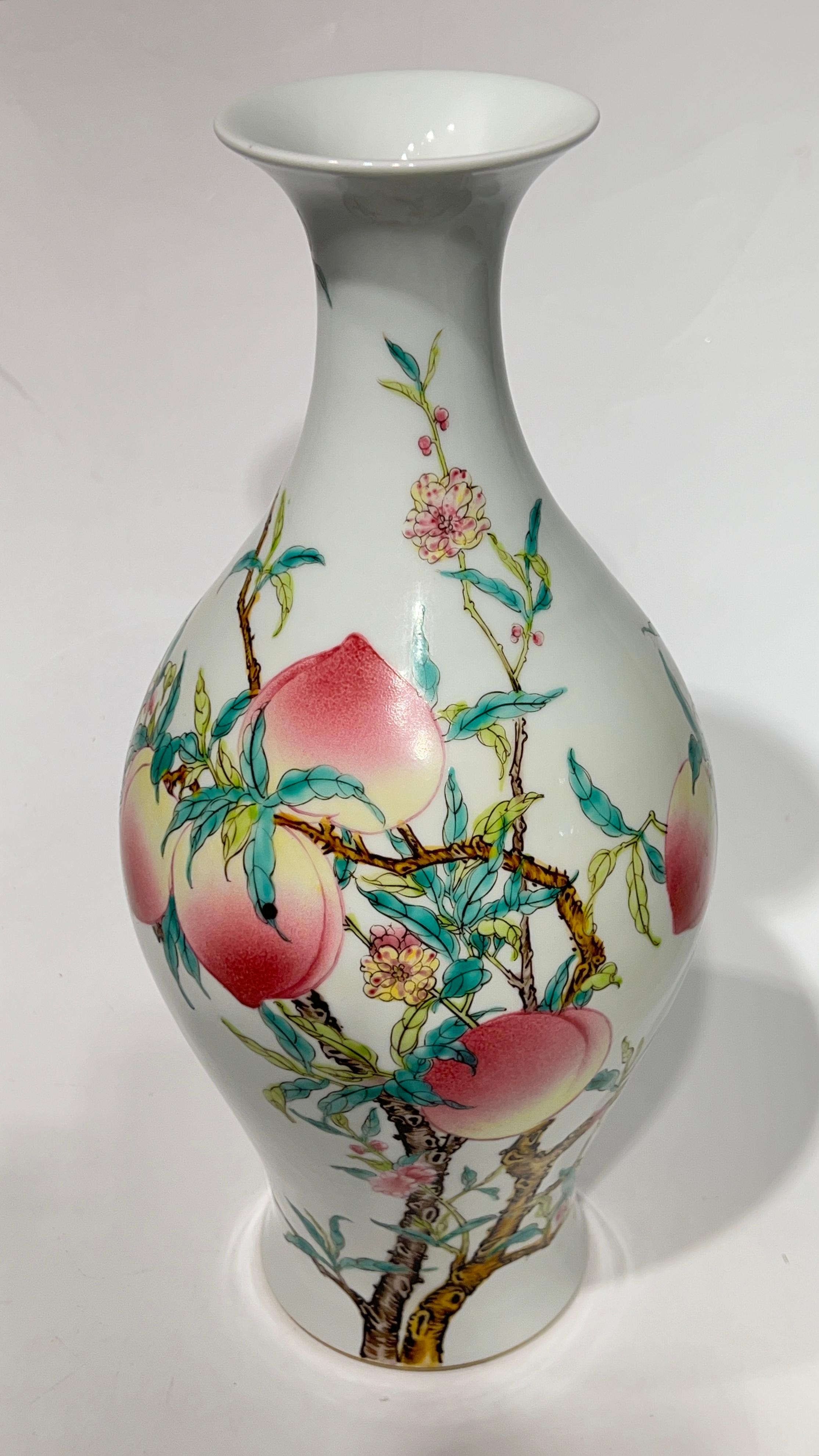 Pair Yongzheng Style Chinese Export Porcelain Vases with Peach Tree Designs For Sale 2