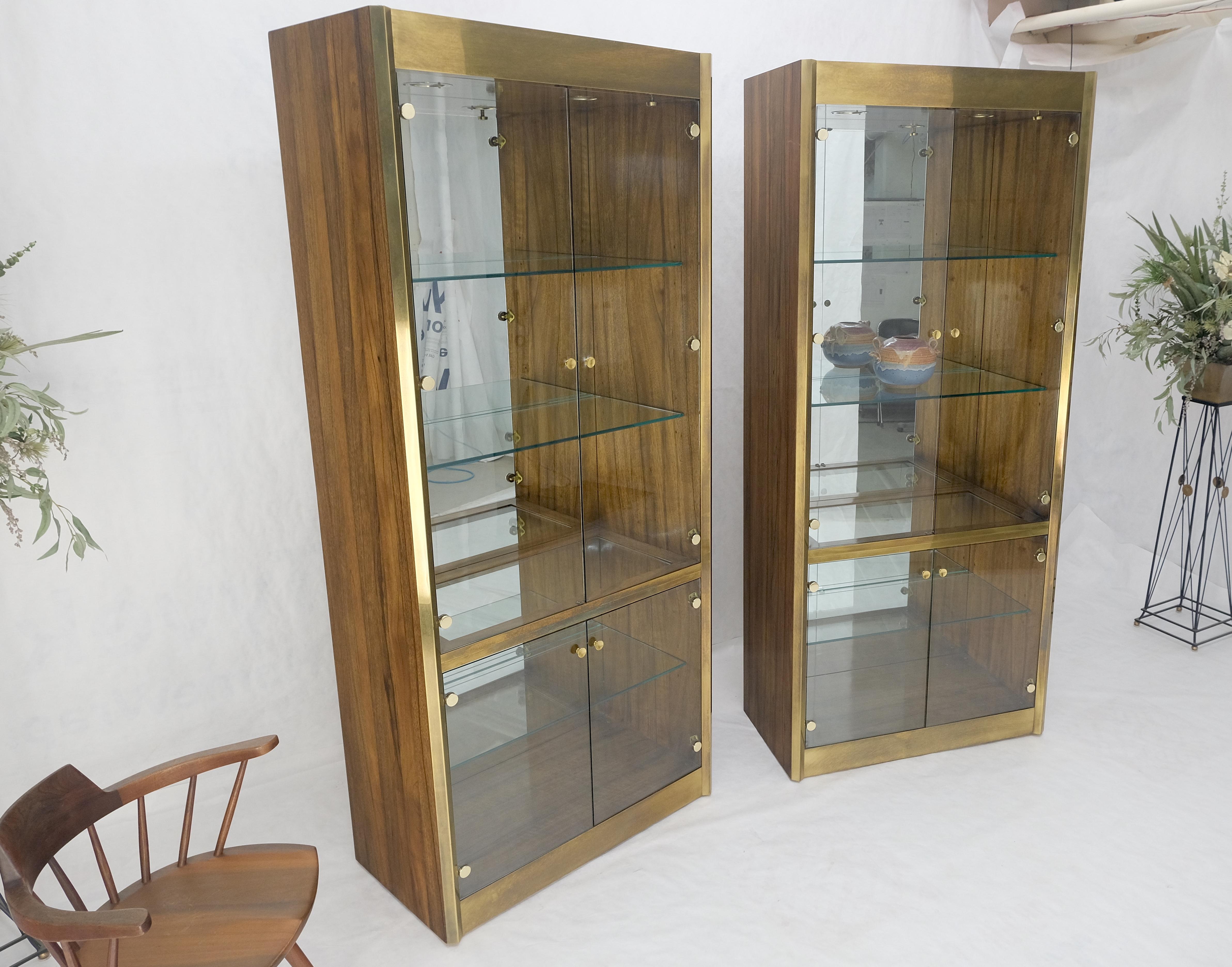 Pair Zebra Wood Brass Glass Showcases Vitrines Shelves Etageres Mastercraft MINT For Sale 3