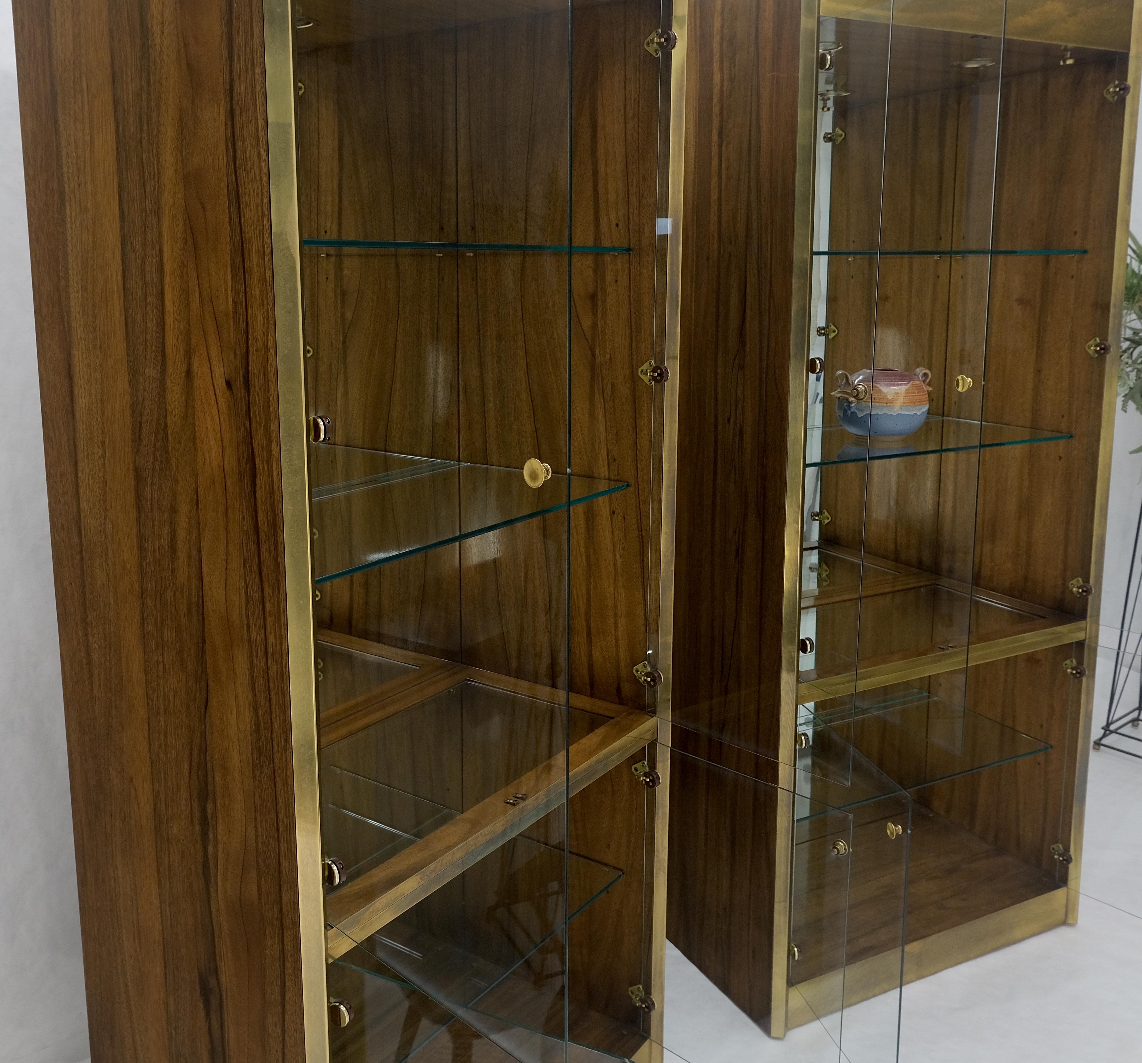Pair Zebra Wood Brass Glass Showcases Vitrines Shelves Etageres Mastercraft MINT For Sale 4