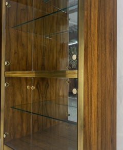 Pair Zebra Wood Brass Glass Showcases Vitrines Shelves Etageres Mastercraft MINT