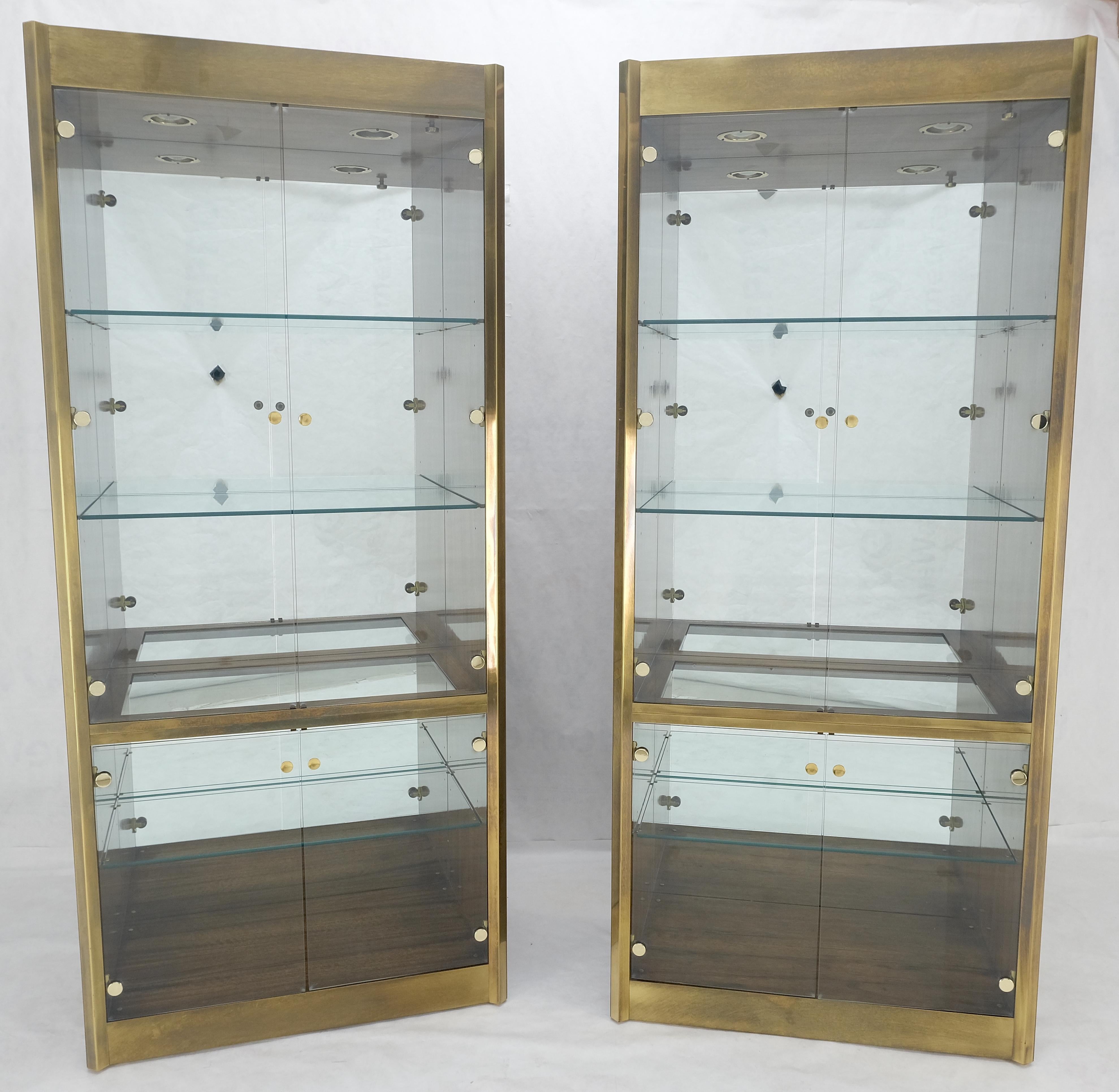 Mid-Century Modern Pair Zebra Wood Brass Glass Showcases Vitrines Shelves Etageres Mastercraft MINT For Sale