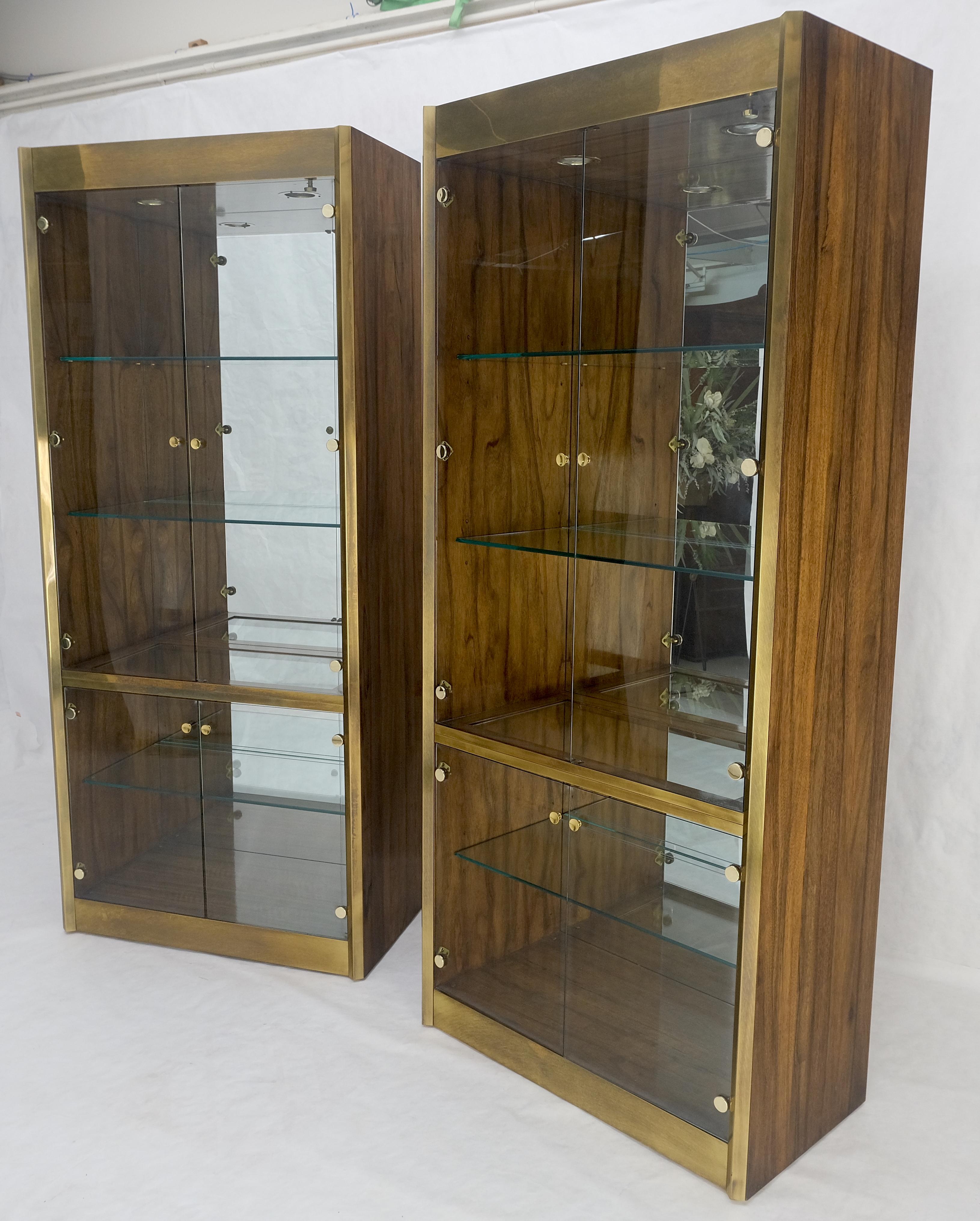 Lacquered Pair Zebra Wood Brass Glass Showcases Vitrines Shelves Etageres Mastercraft MINT For Sale