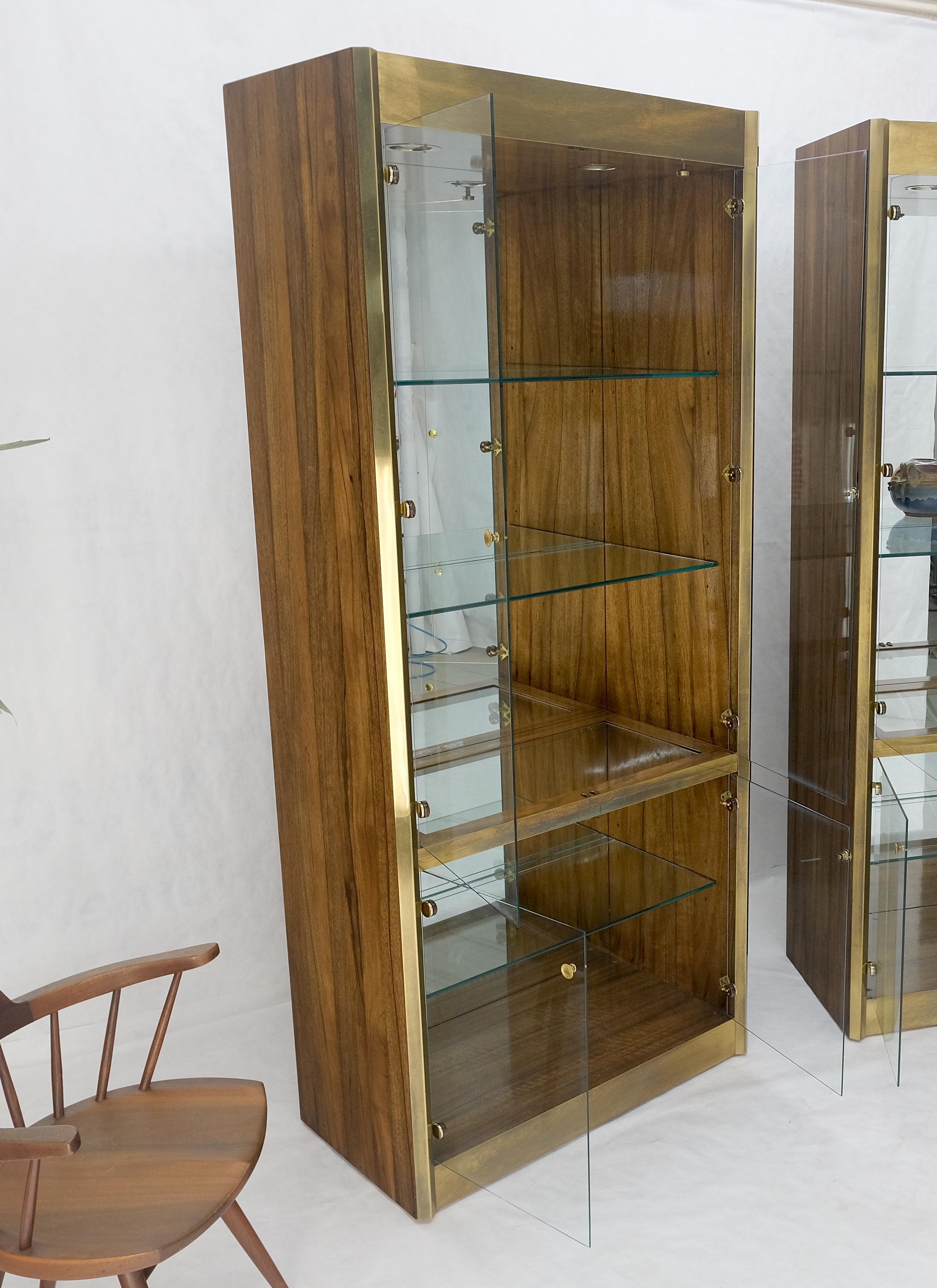 20th Century Pair Zebra Wood Brass Glass Showcases Vitrines Shelves Etageres Mastercraft MINT For Sale
