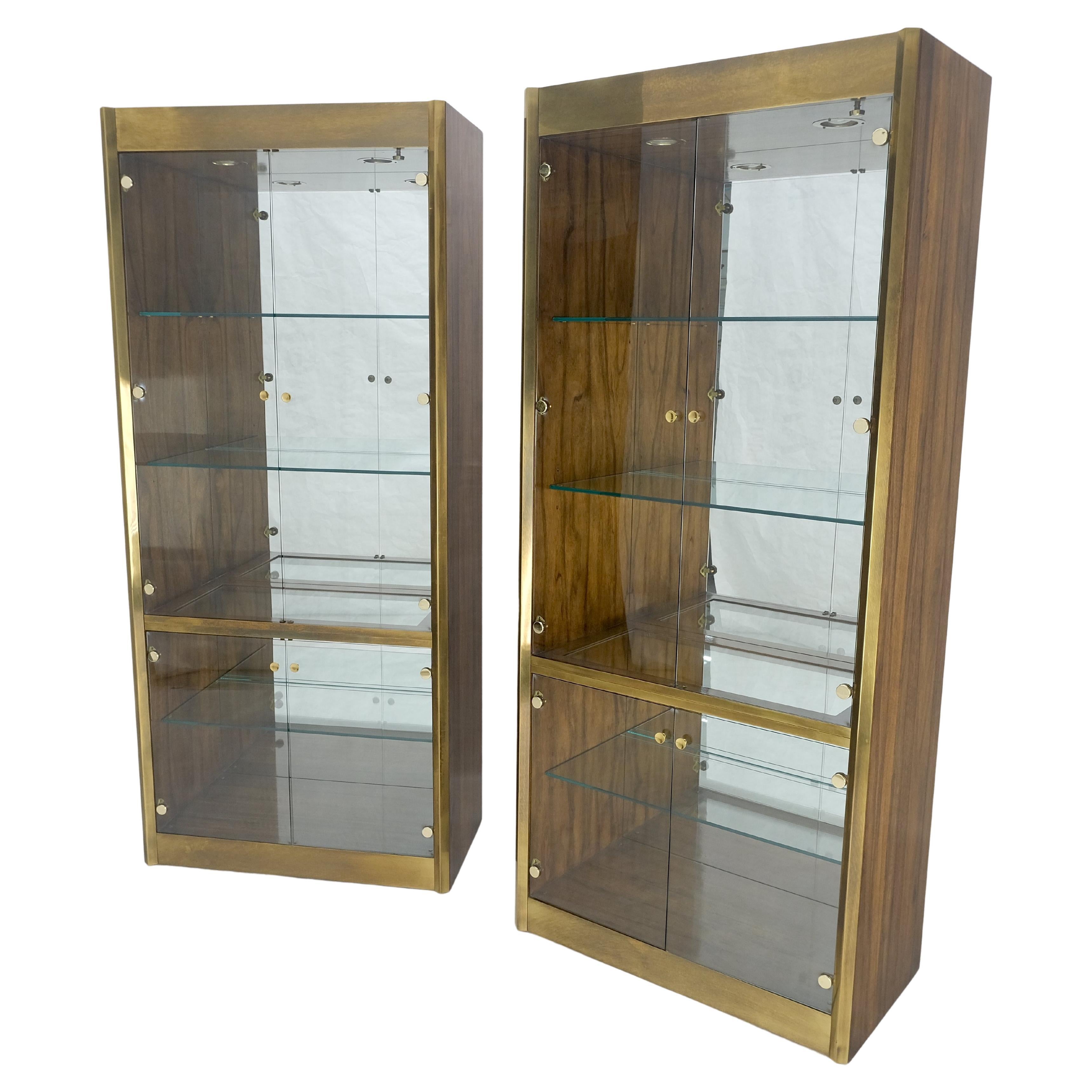 Pair Zebra Wood Brass Glass Showcases Vitrines Shelves Etageres Mastercraft MINT For Sale