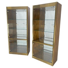 Used Pair Zebra Wood Brass Glass Showcases Vitrines Shelves Etageres Mastercraft MINT