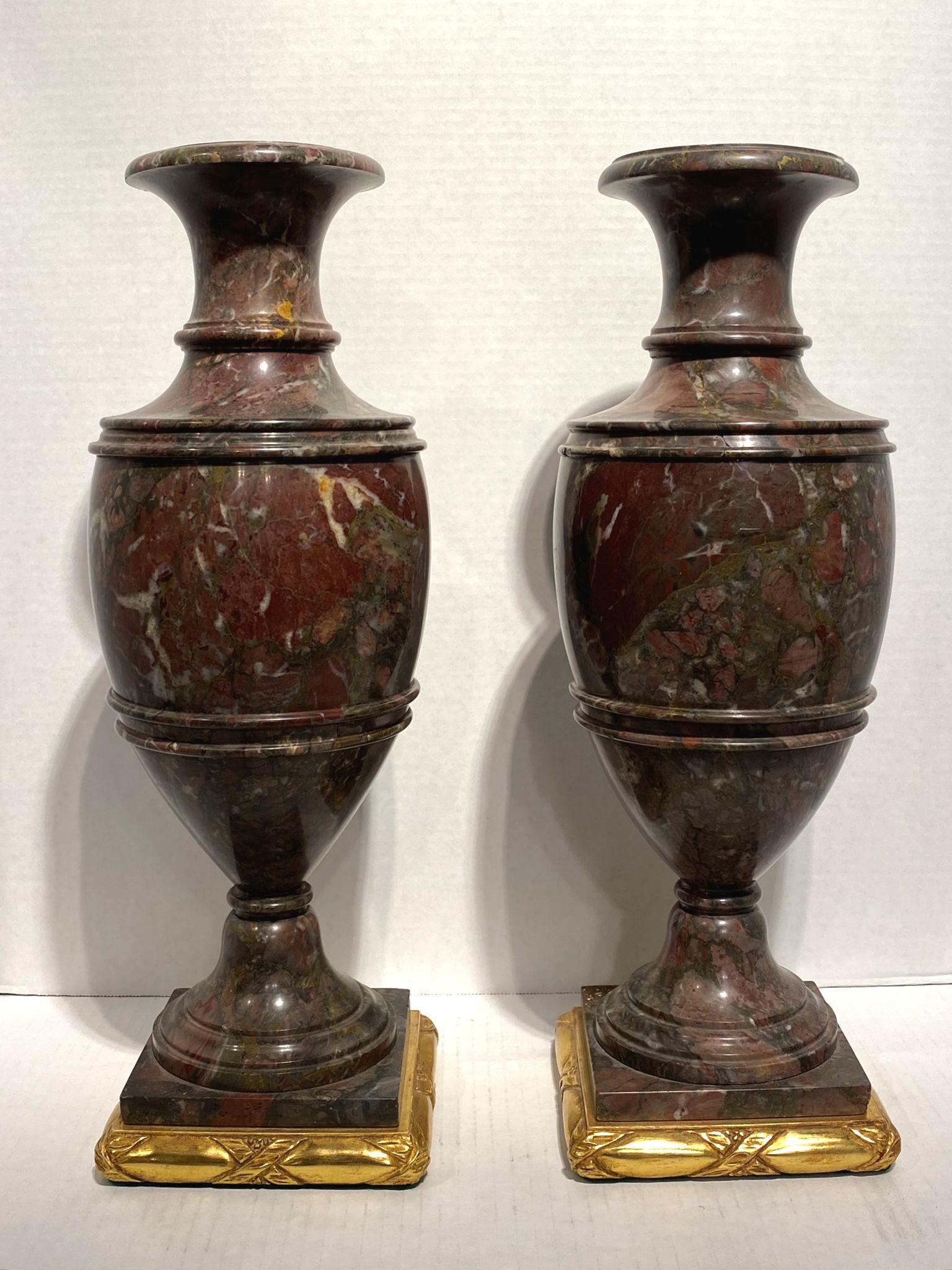 Carved Pair of 19th Century Classical Rouge Marble Vases on Giltwood Bases For Sale