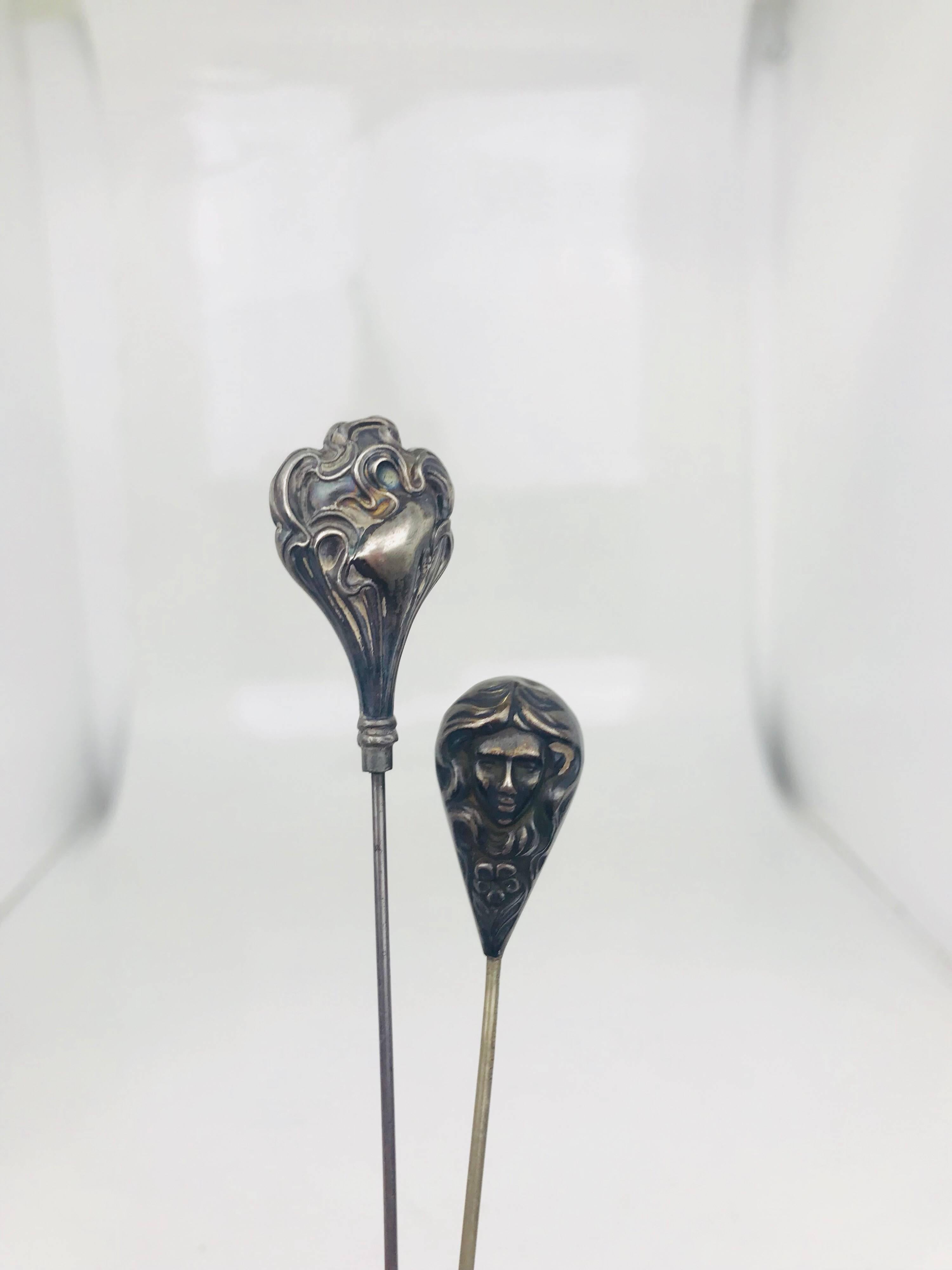Victorian Sterling Silver Hat Pin Pair, Pear-Shaped, Stylized circa 1890 In Excellent Condition For Sale In Aliso Viejo, CA