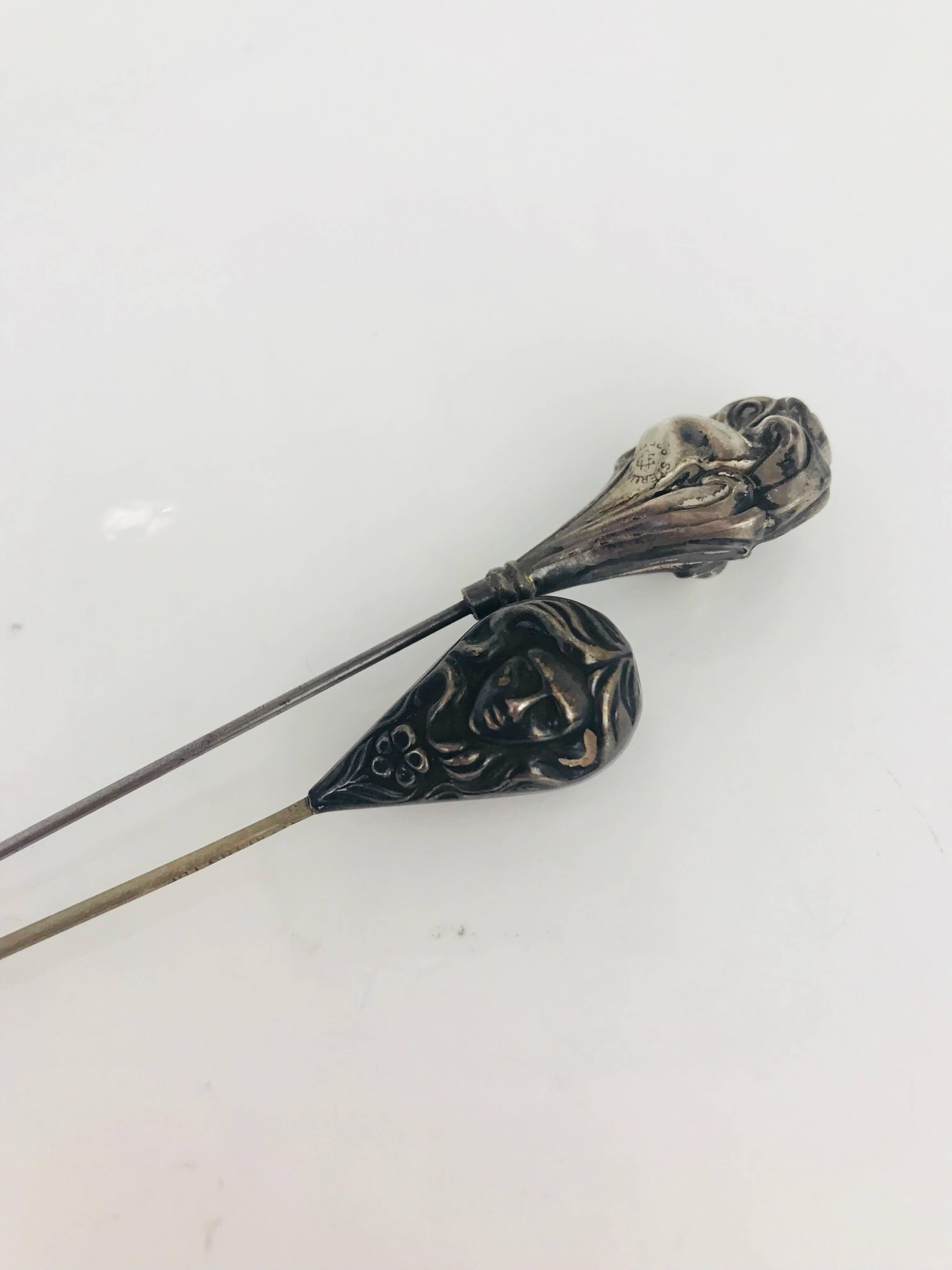 Victorian Sterling Silver Hat Pin Pair, Pear-Shaped, Stylized circa 1890 For Sale 2