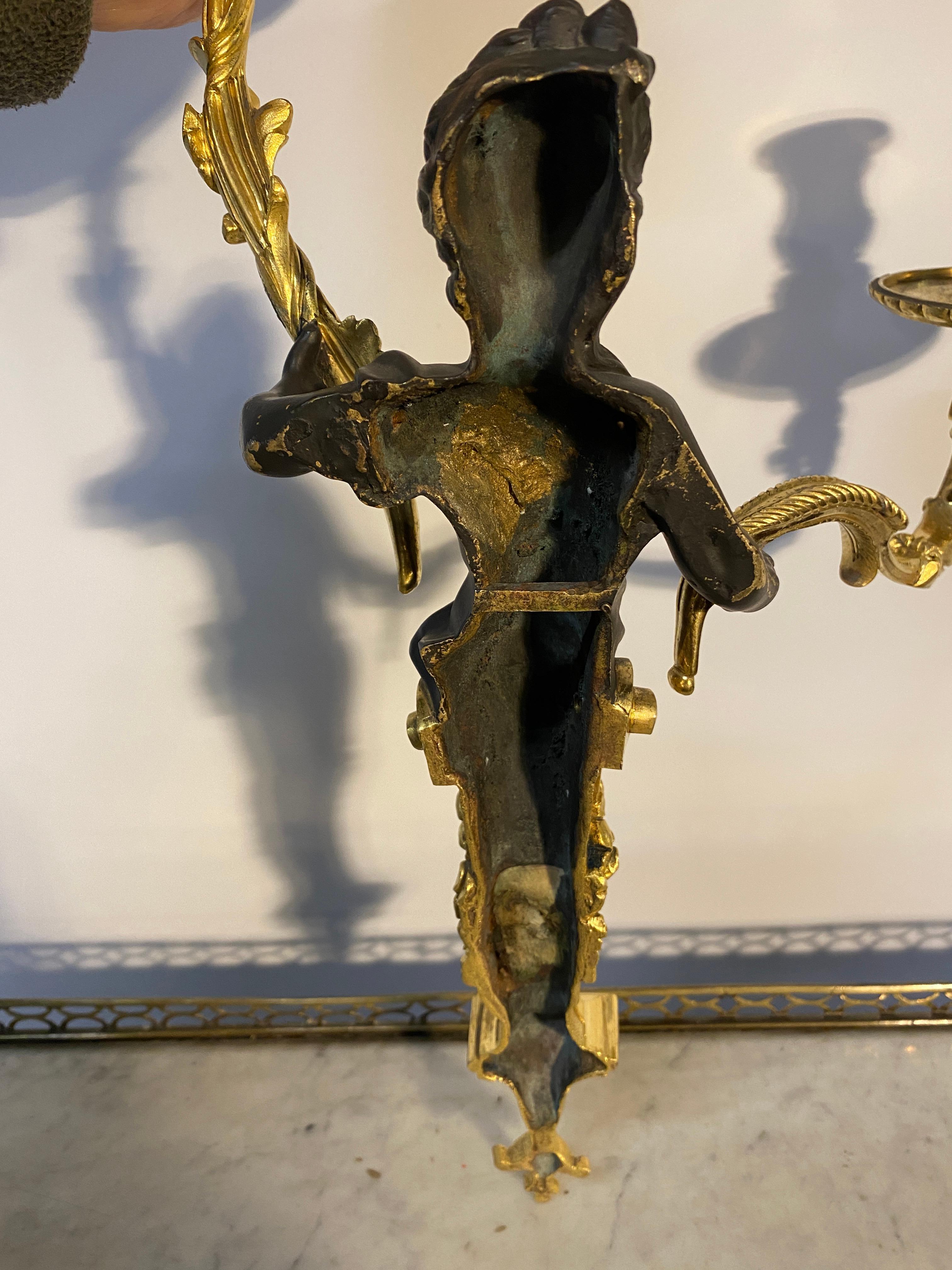 Pair Of Sconces With Two Lights In Gilt Bronze With Two Patinas Period Late 19th 4