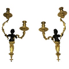 Pair Of Sconces With Two Lights In Gilt Bronze With Two Patinas Period Late 19th