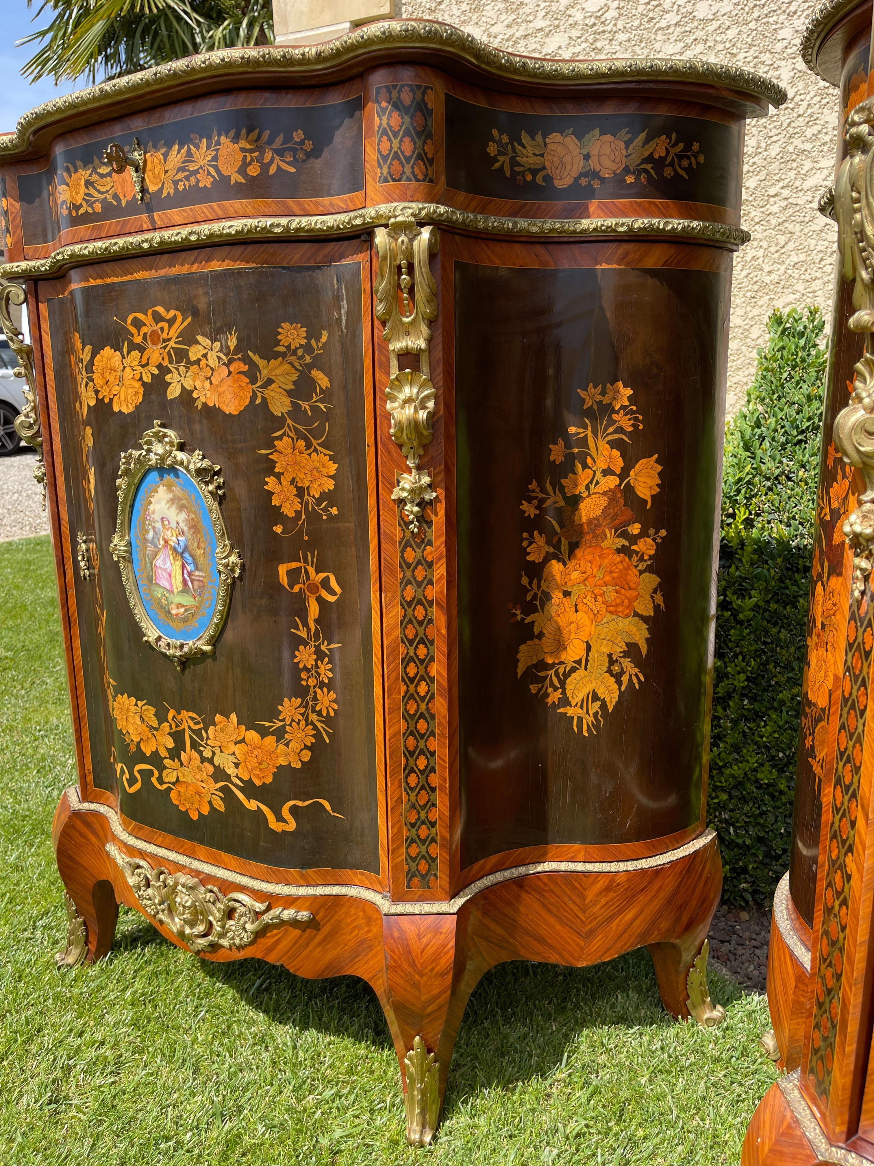 19th Century, Pair of Marquetry & Sèvres Porcelain Buffets Napoleon III Period 9