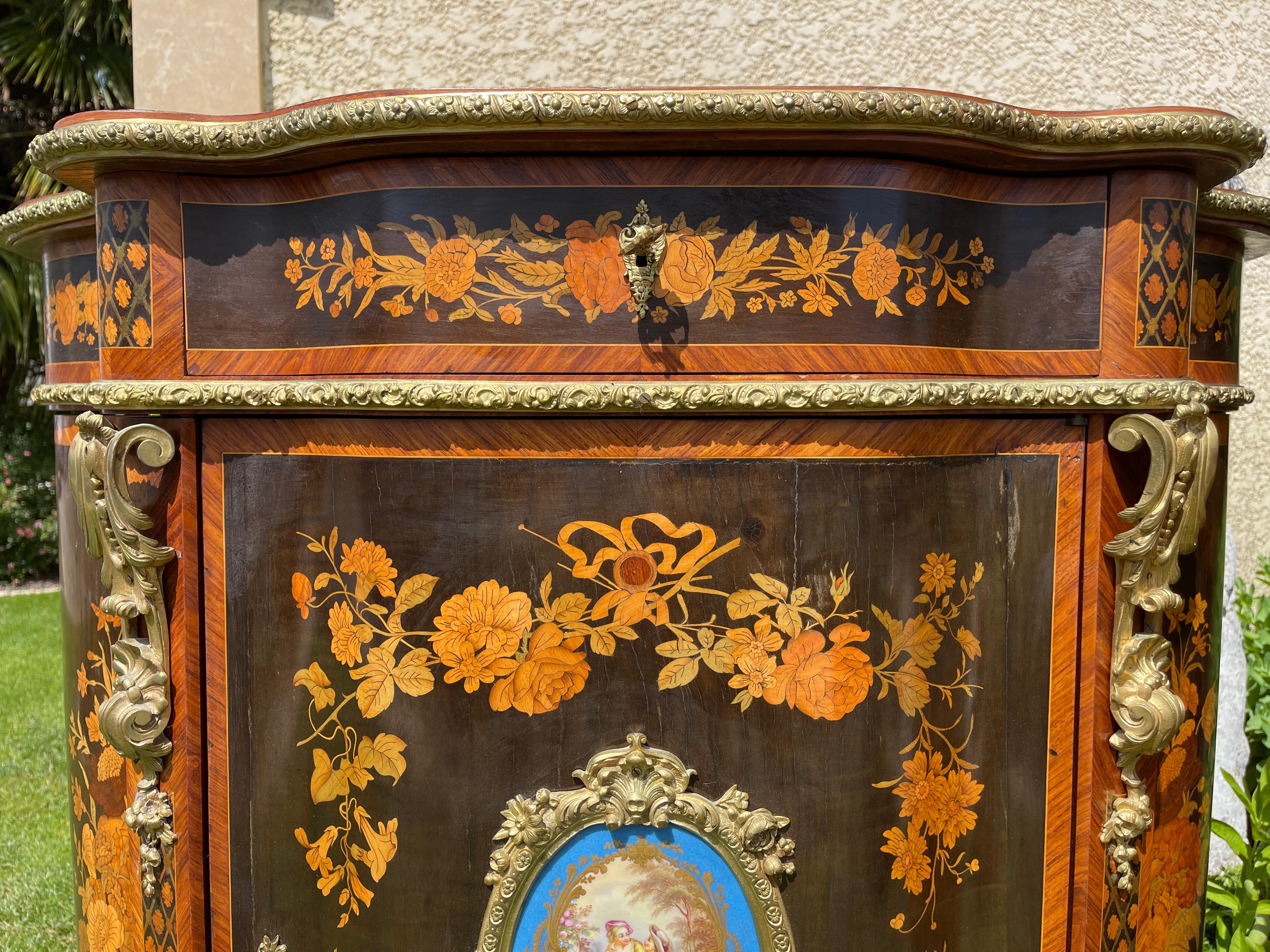 19th Century, Pair of Marquetry & Sèvres Porcelain Buffets Napoleon III Period In Good Condition In Beaune, FR
