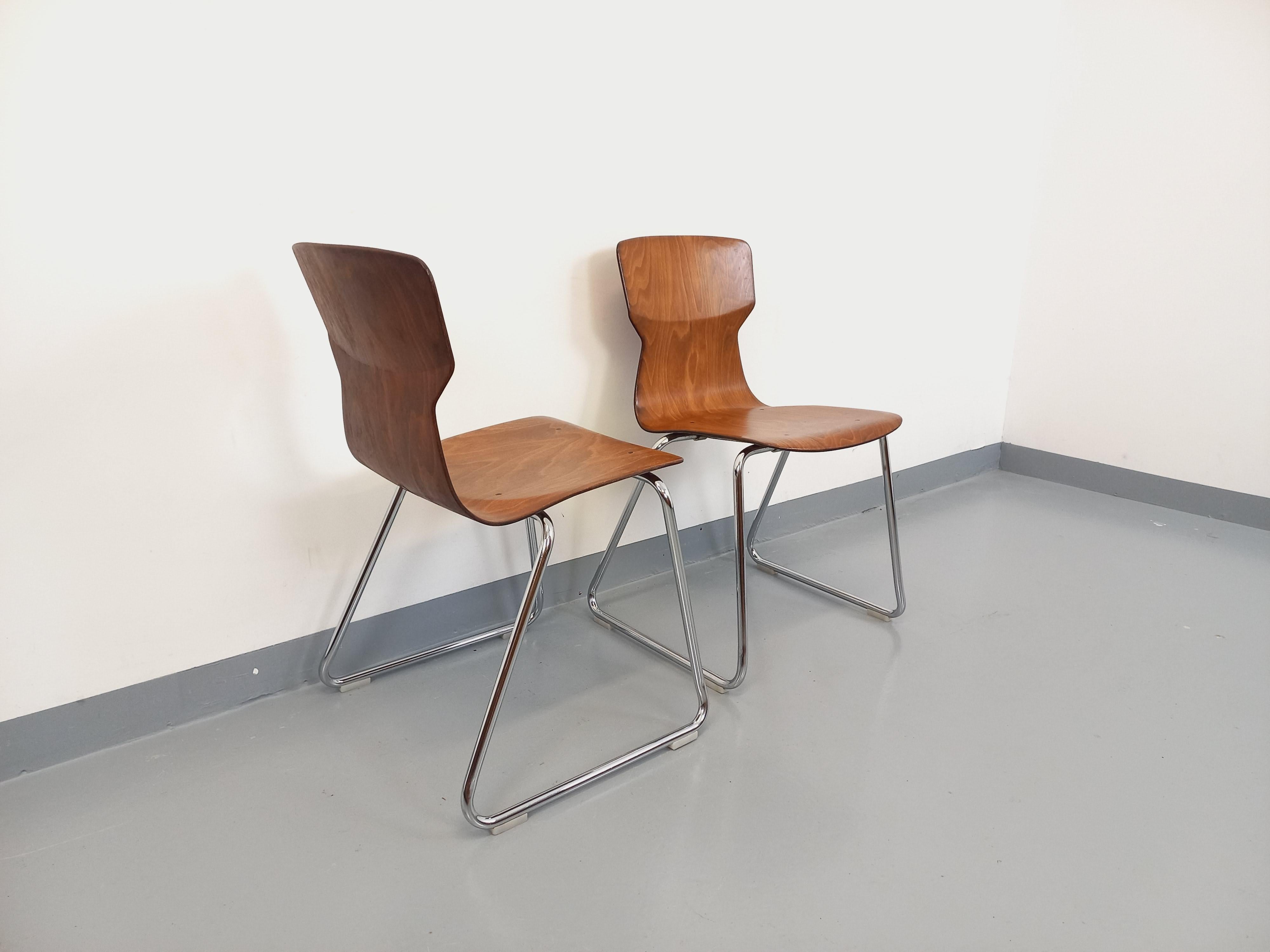 Wood Paire de chaises design Casala Obo-Formsitz vintage en bois courbé et chrome