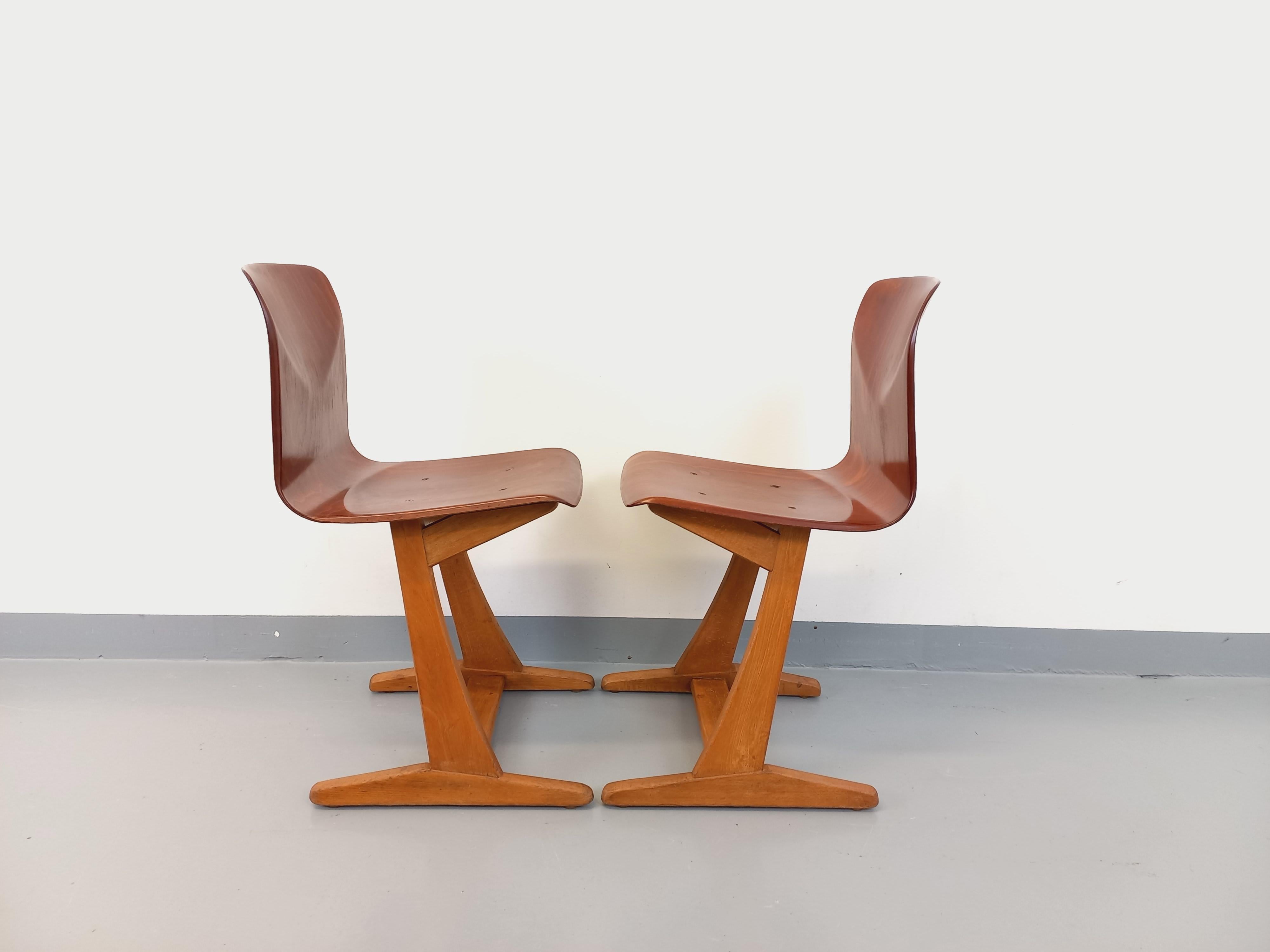 Metà XX secolo Coppia di chaises design vintage ASS Schulmöbel Pagholz Thur-Op-Seat en bois cour