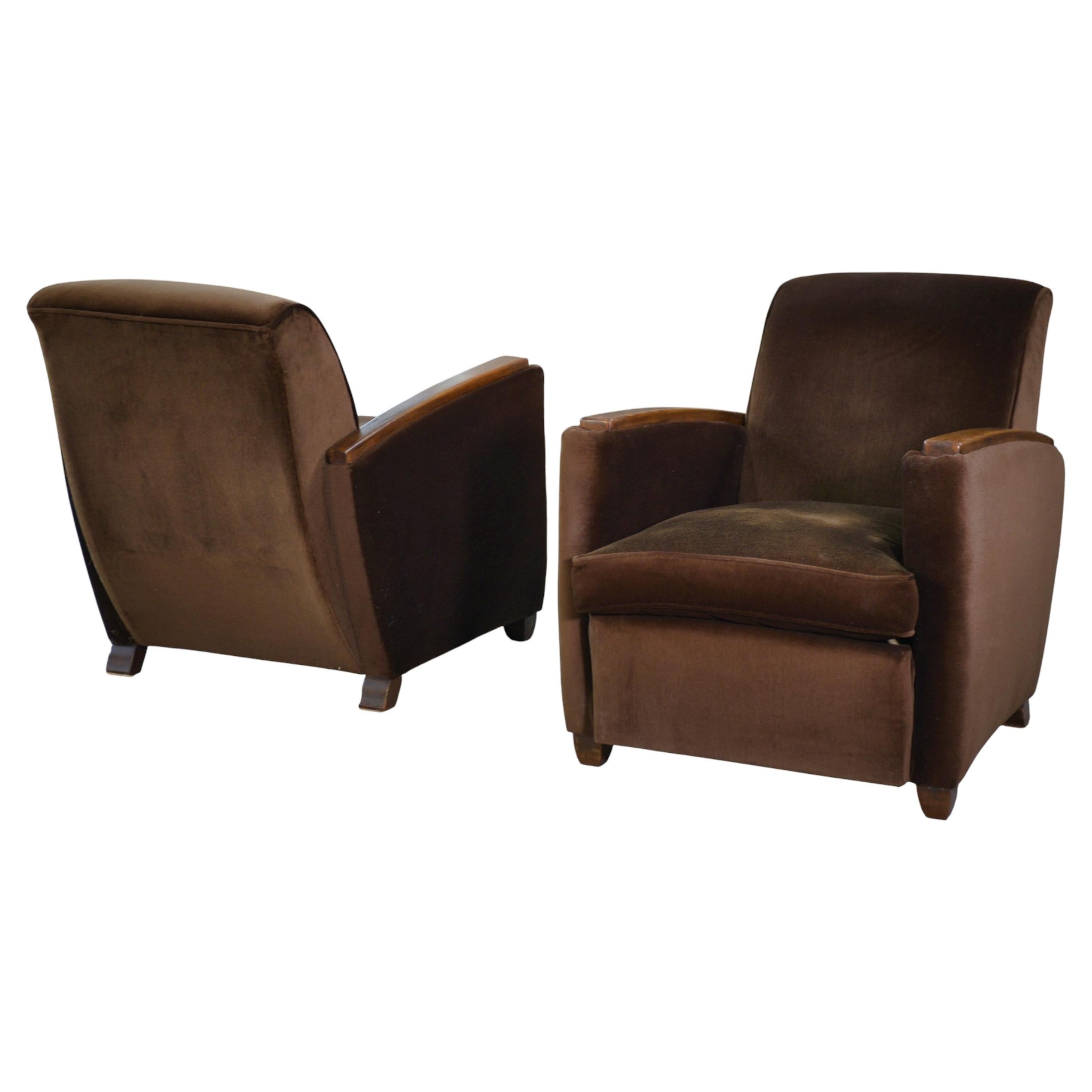 Paire de fauteuils Club en velours Art Déco dans le goût de Jules Leleu 1930's