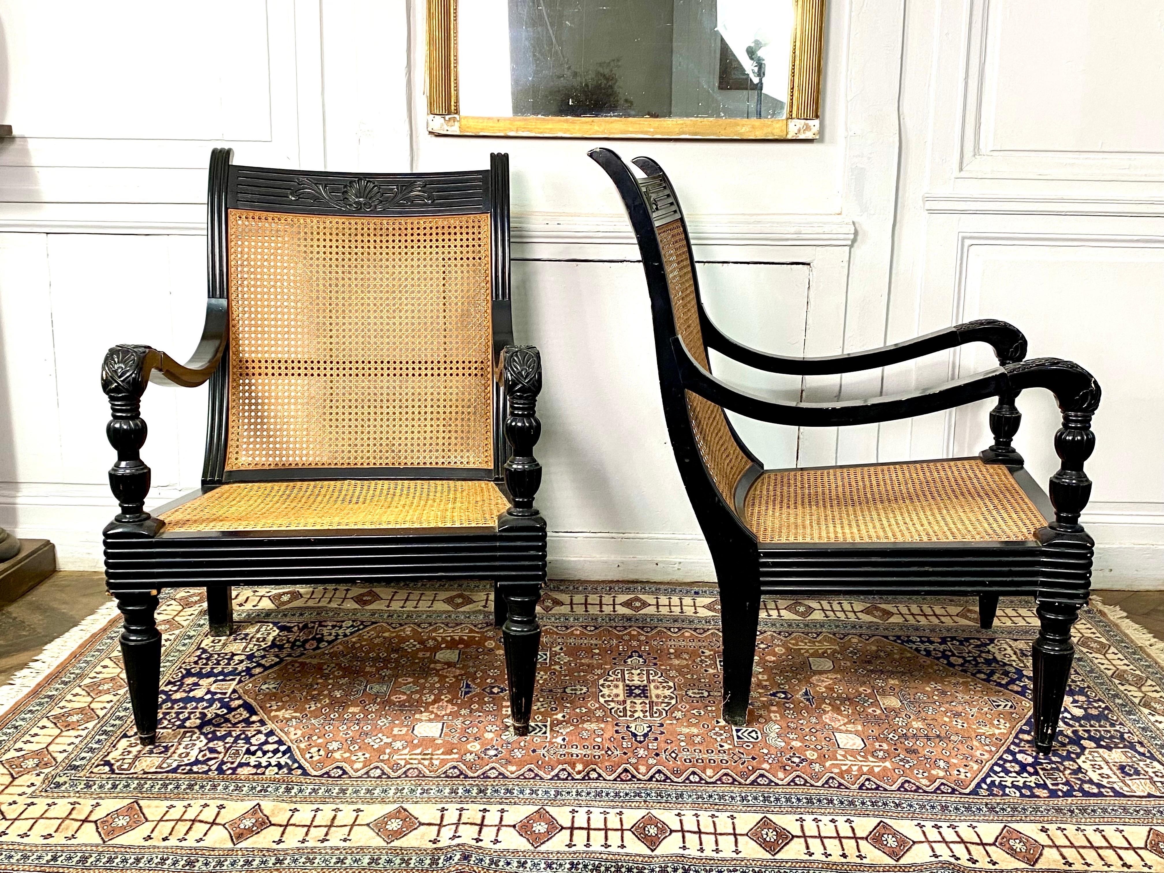 Pair of Colonial Armchairs in Caning and Black Lacquered Wood Circa 1930 4