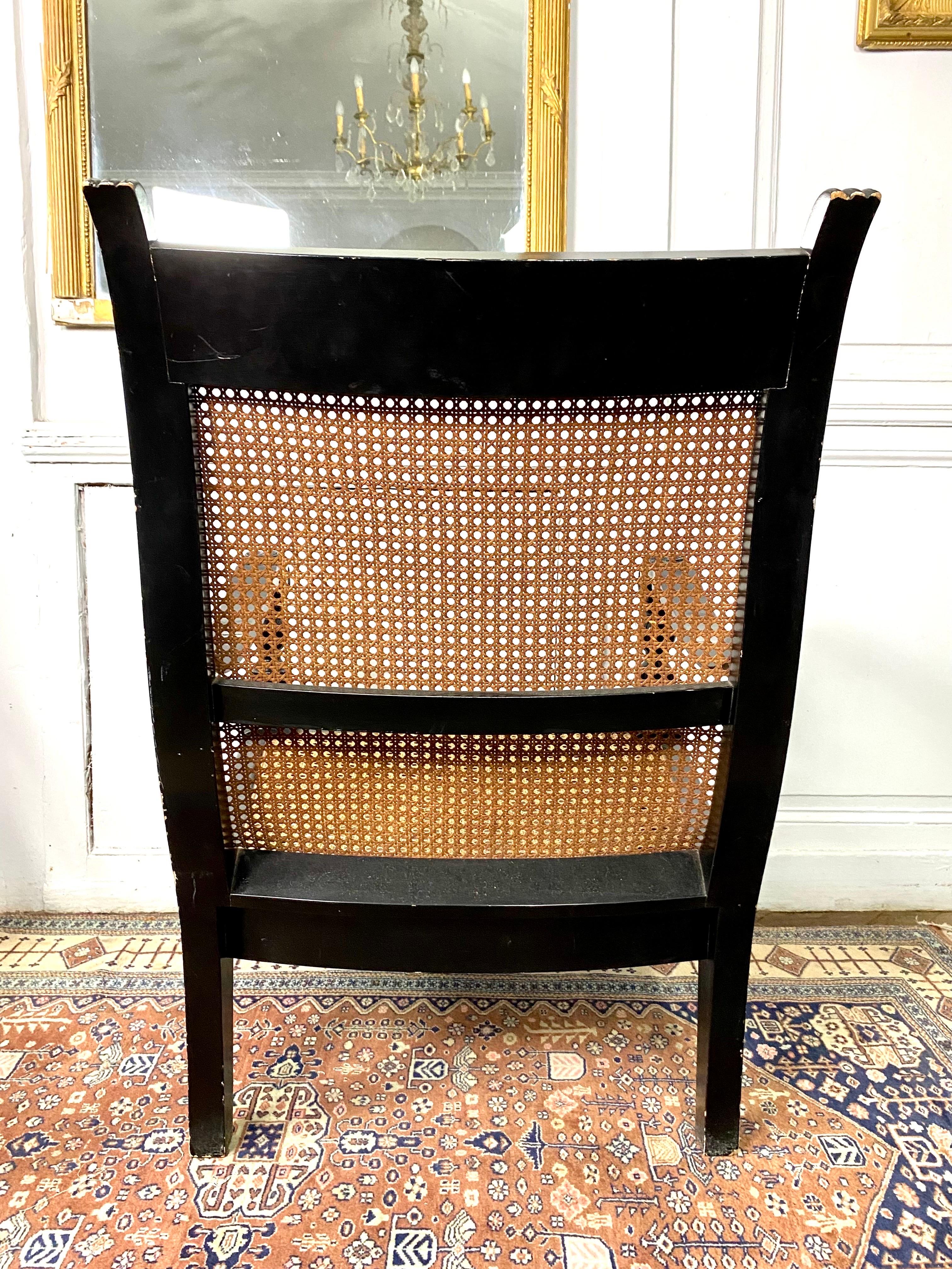 Pair of Colonial Armchairs in Caning and Black Lacquered Wood Circa 1930 5