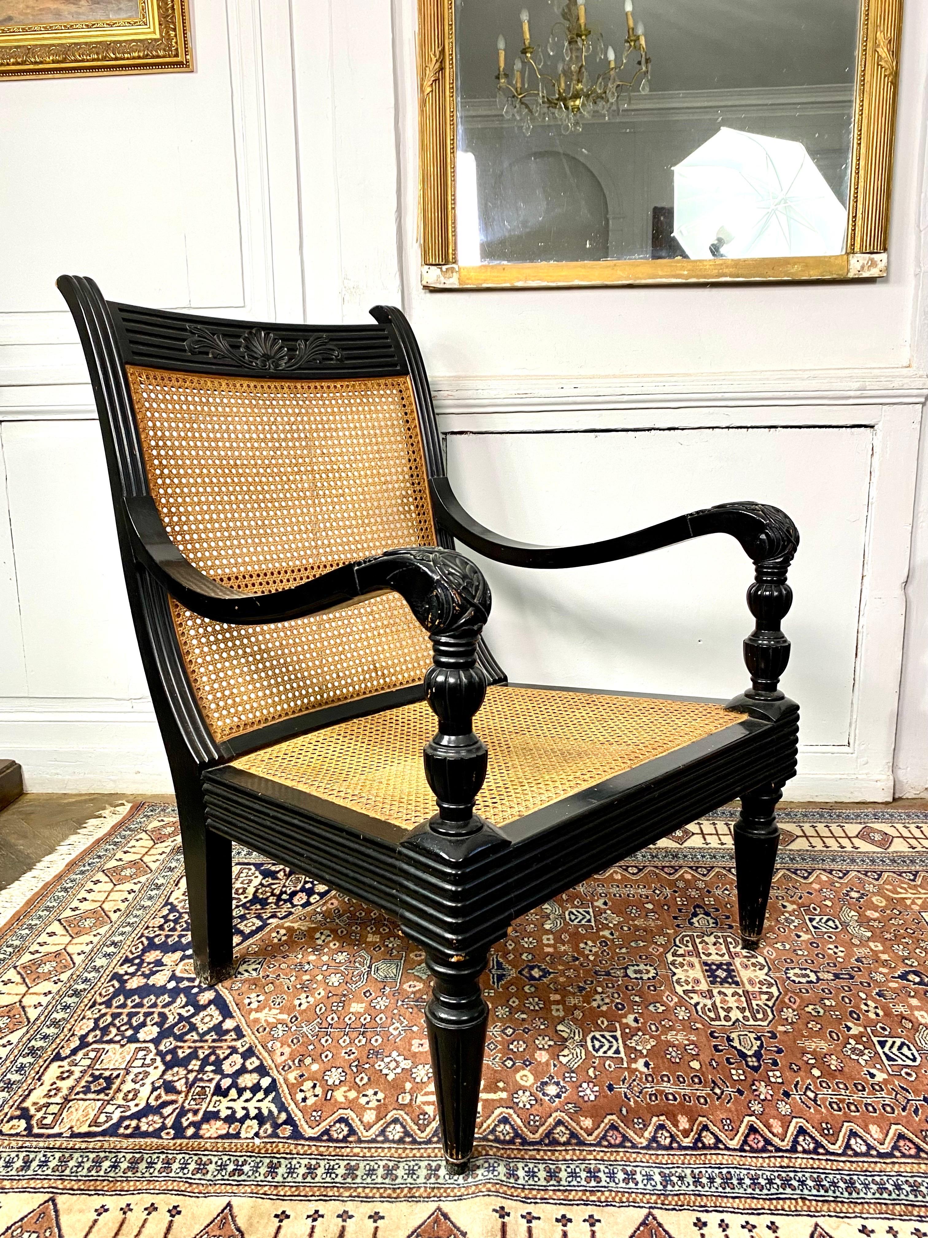 Pair of Colonial Armchairs in Caning and Black Lacquered Wood Circa 1930 6