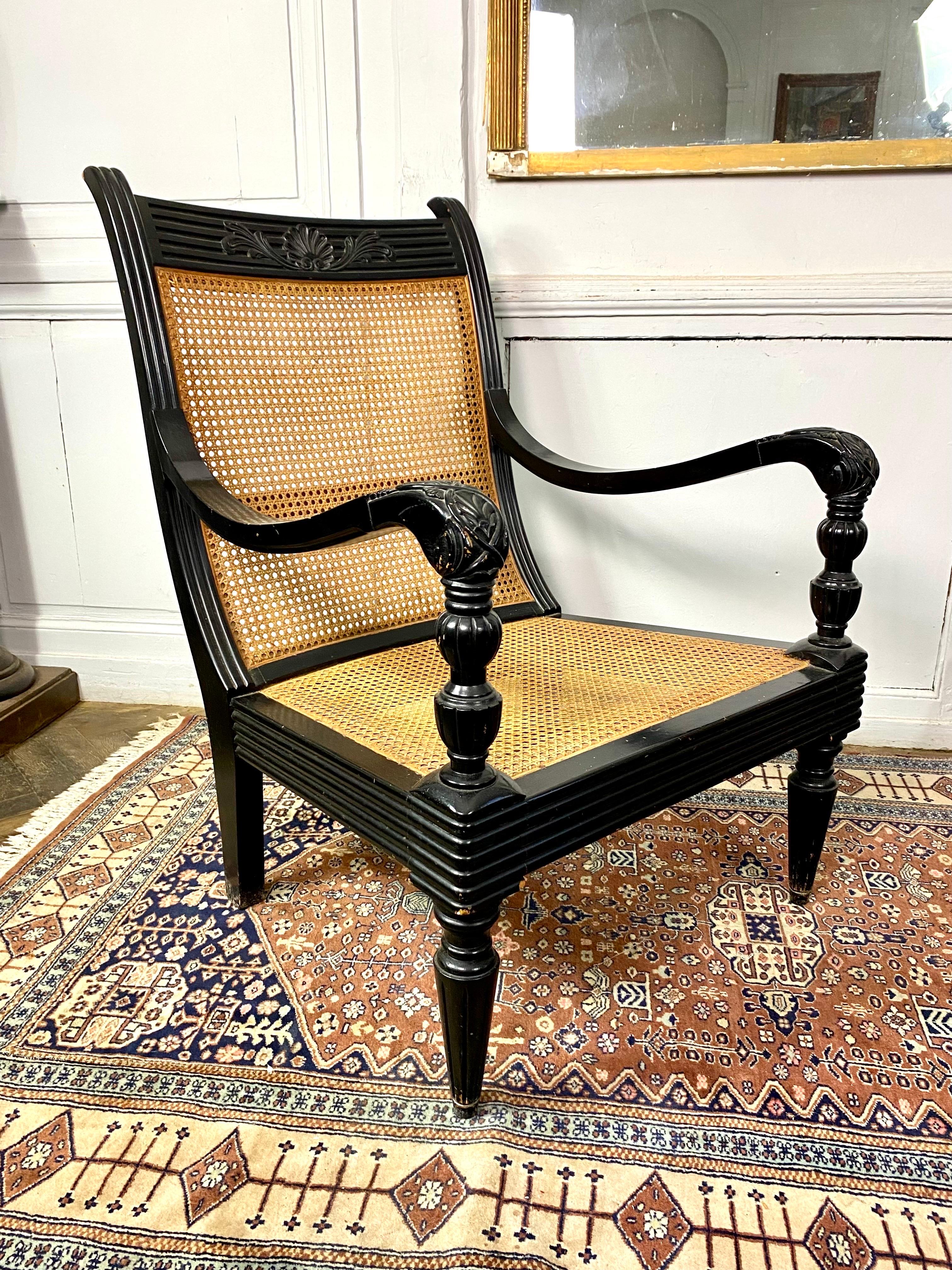 Pair of Colonial Armchairs in Caning and Black Lacquered Wood Circa 1930 7