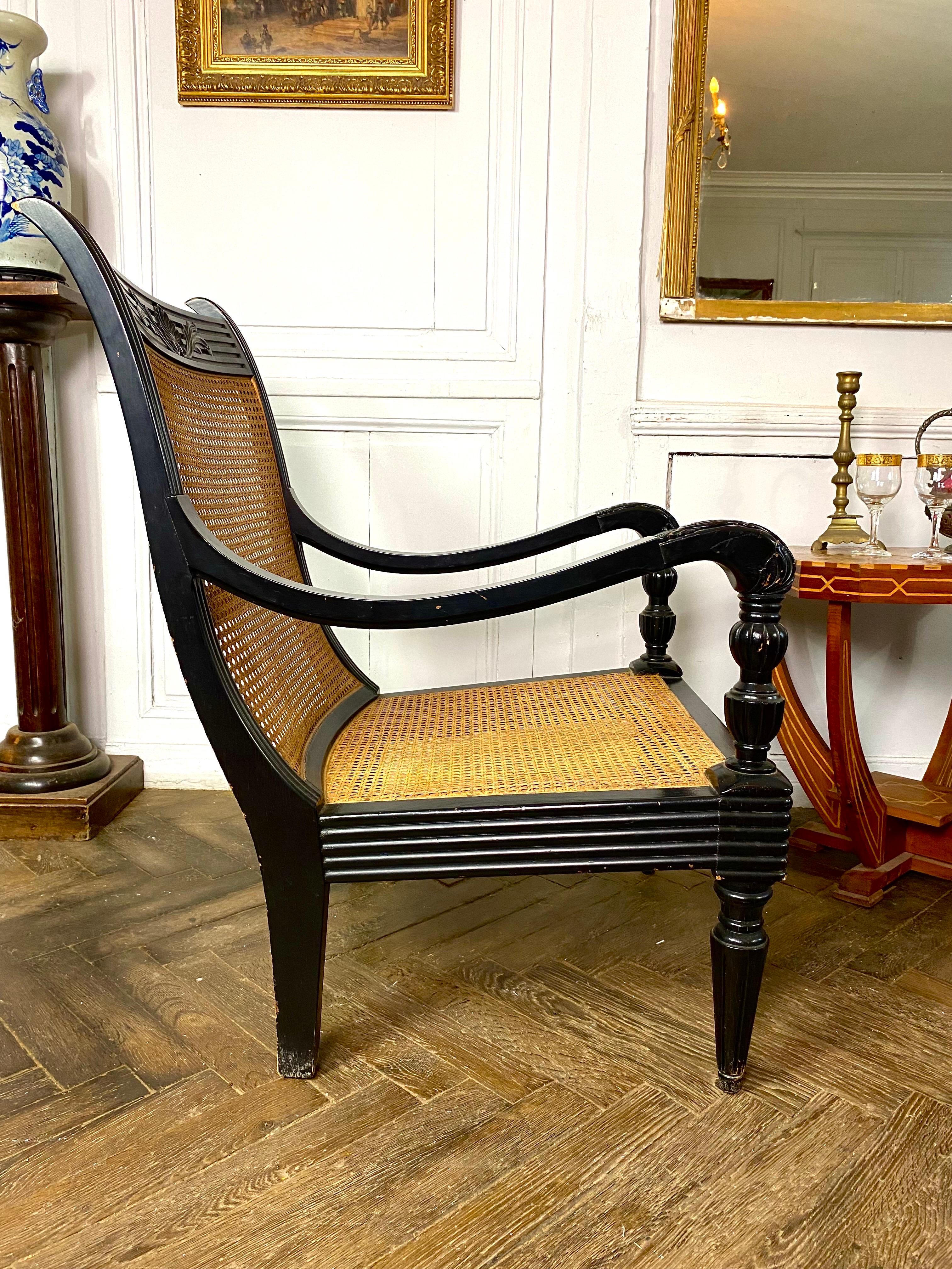 Pair of Colonial Armchairs in Caning and Black Lacquered Wood Circa 1930 9