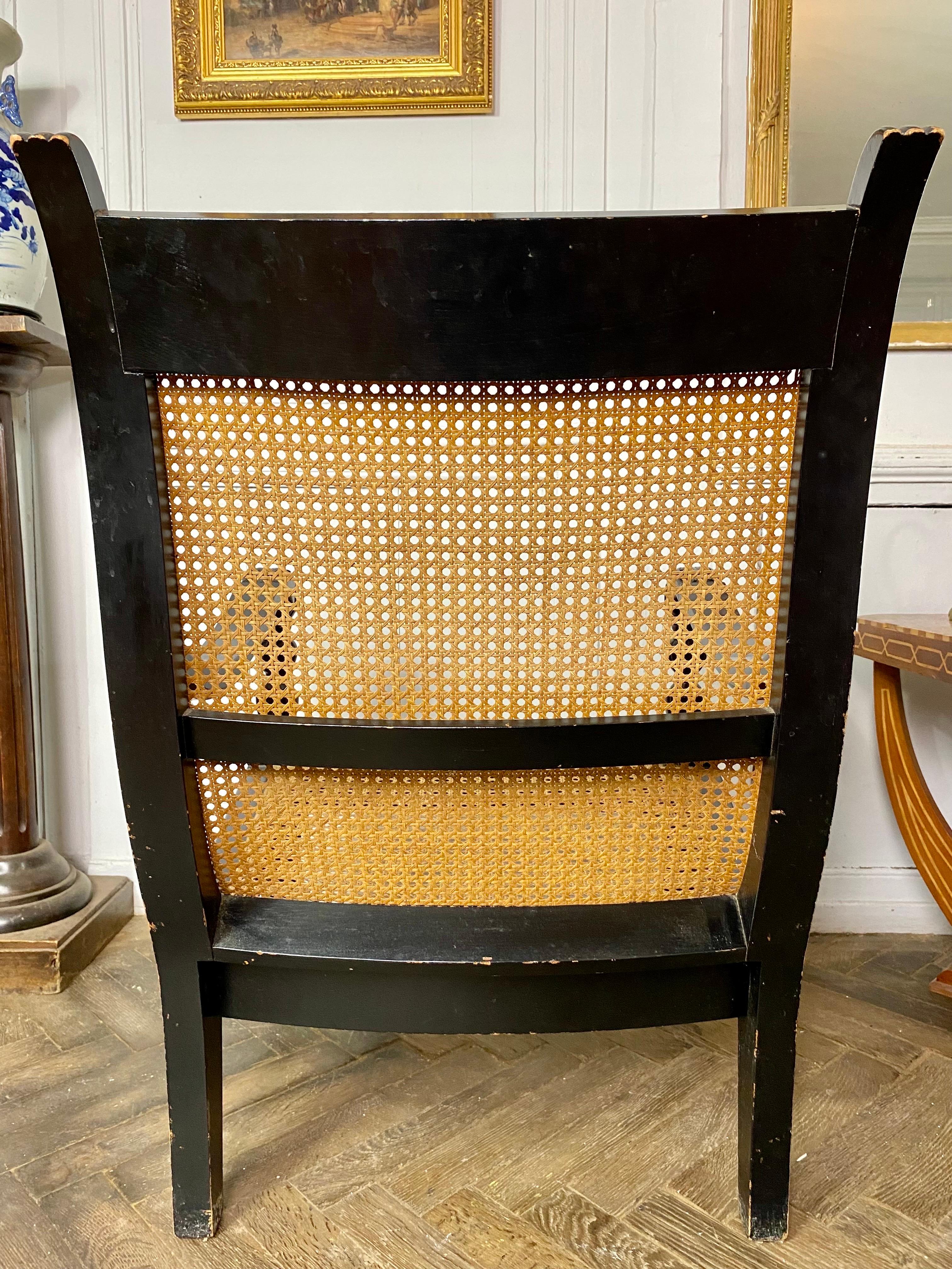 Pair of Colonial Armchairs in Caning and Black Lacquered Wood Circa 1930 13