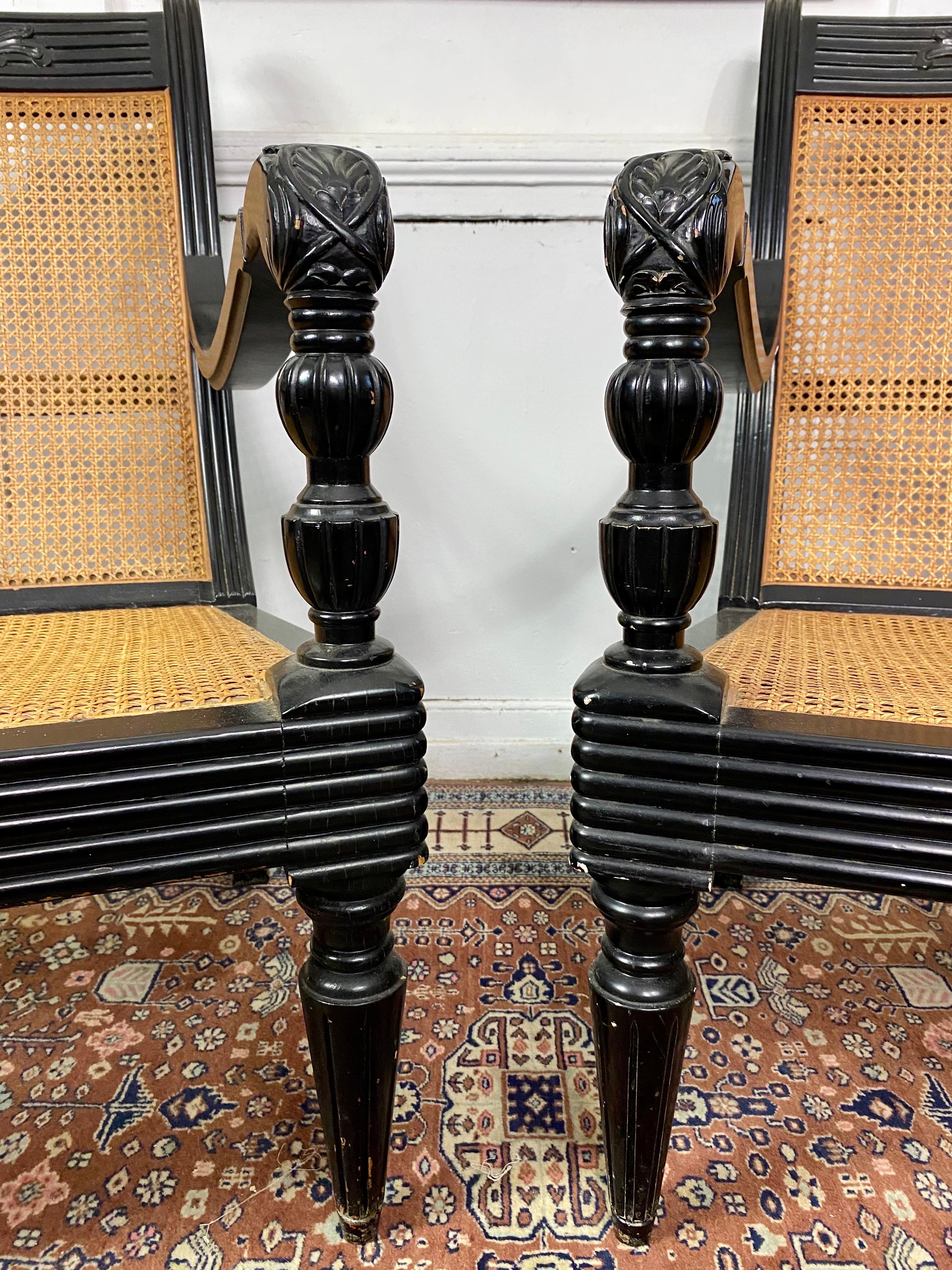 British Colonial Pair of Colonial Armchairs in Caning and Black Lacquered Wood Circa 1930