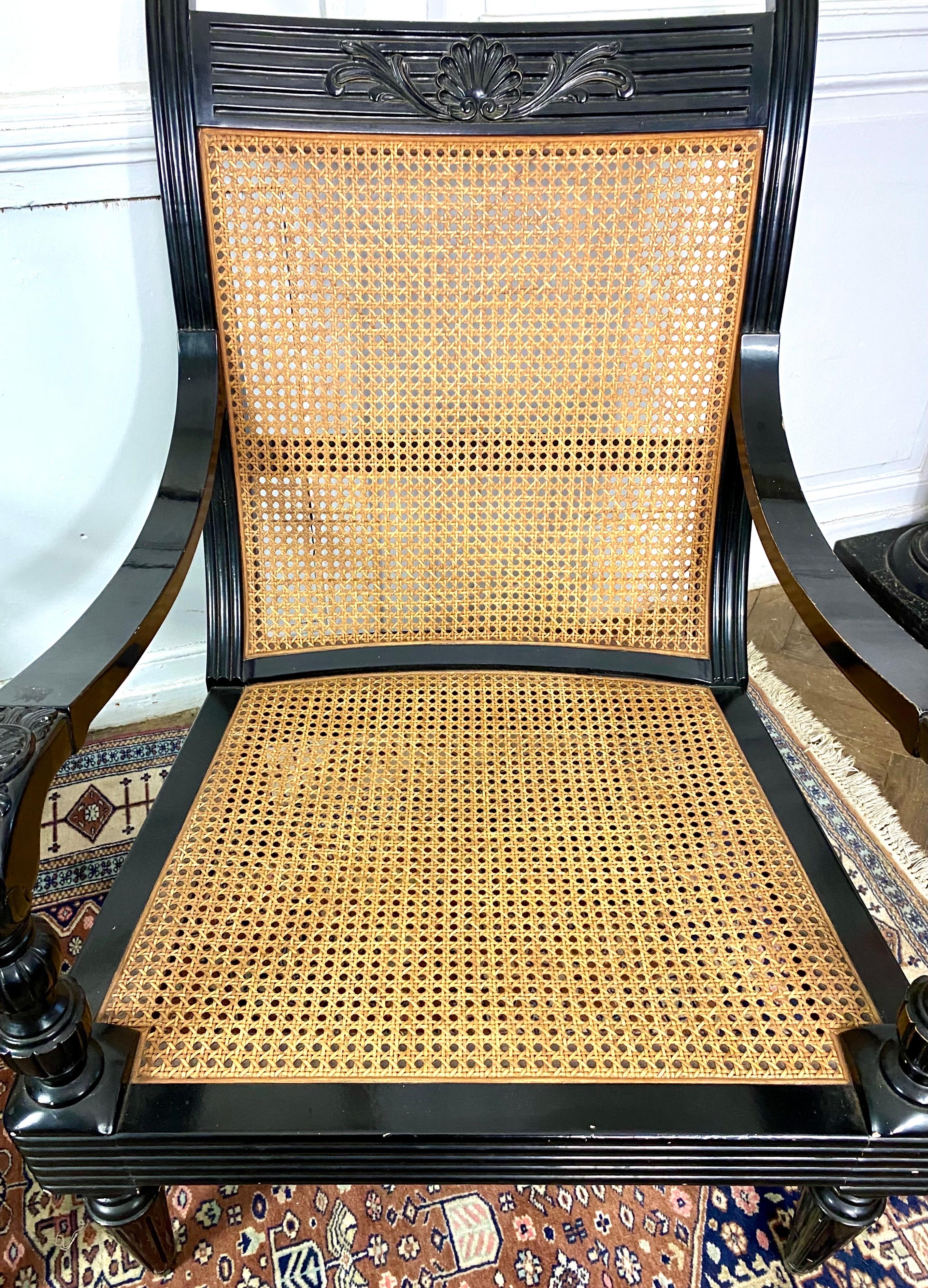 Pair of Colonial Armchairs in Caning and Black Lacquered Wood Circa 1930 In Good Condition In Beuzevillette, FR