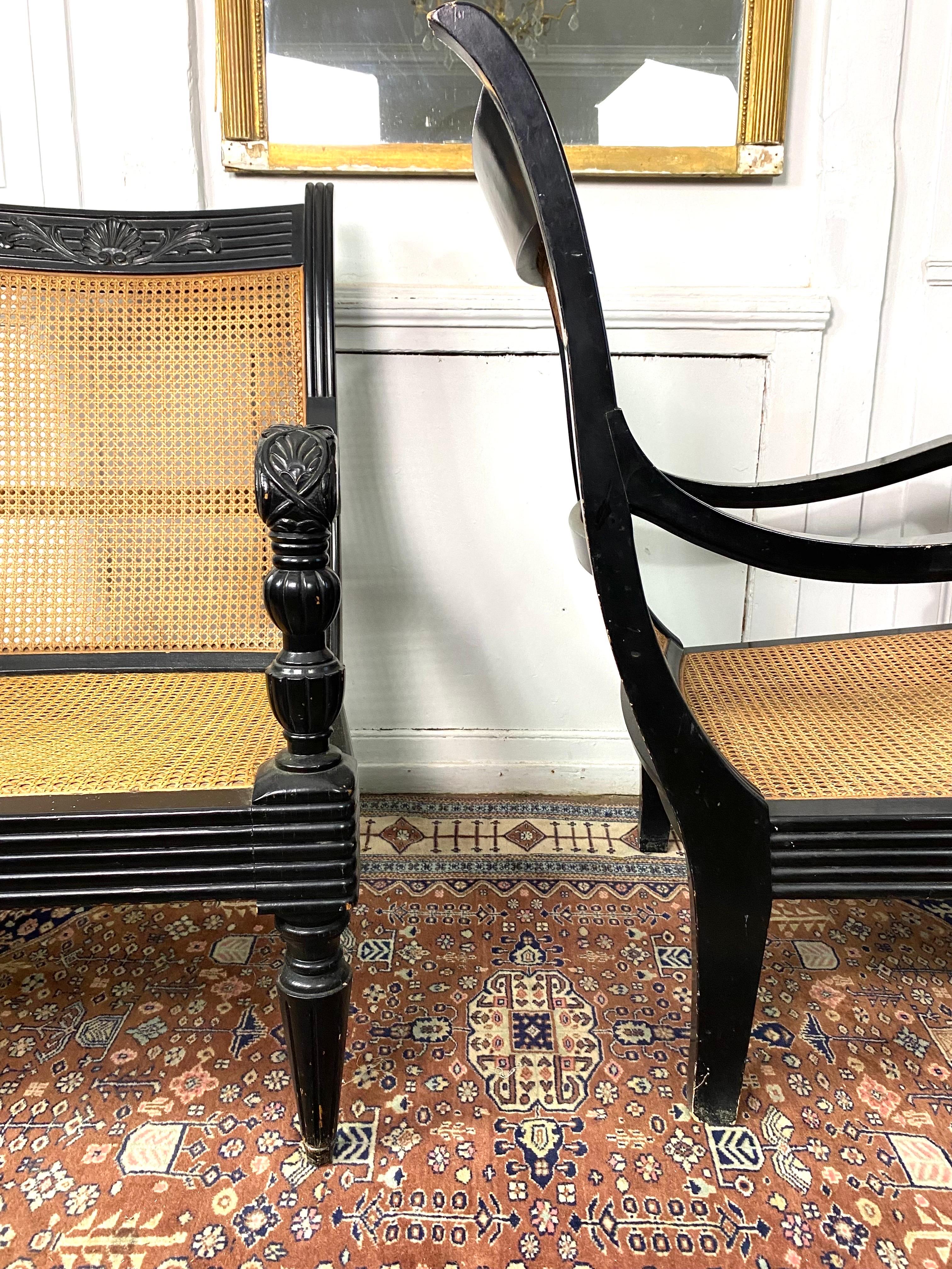 Pair of Colonial Armchairs in Caning and Black Lacquered Wood Circa 1930 3