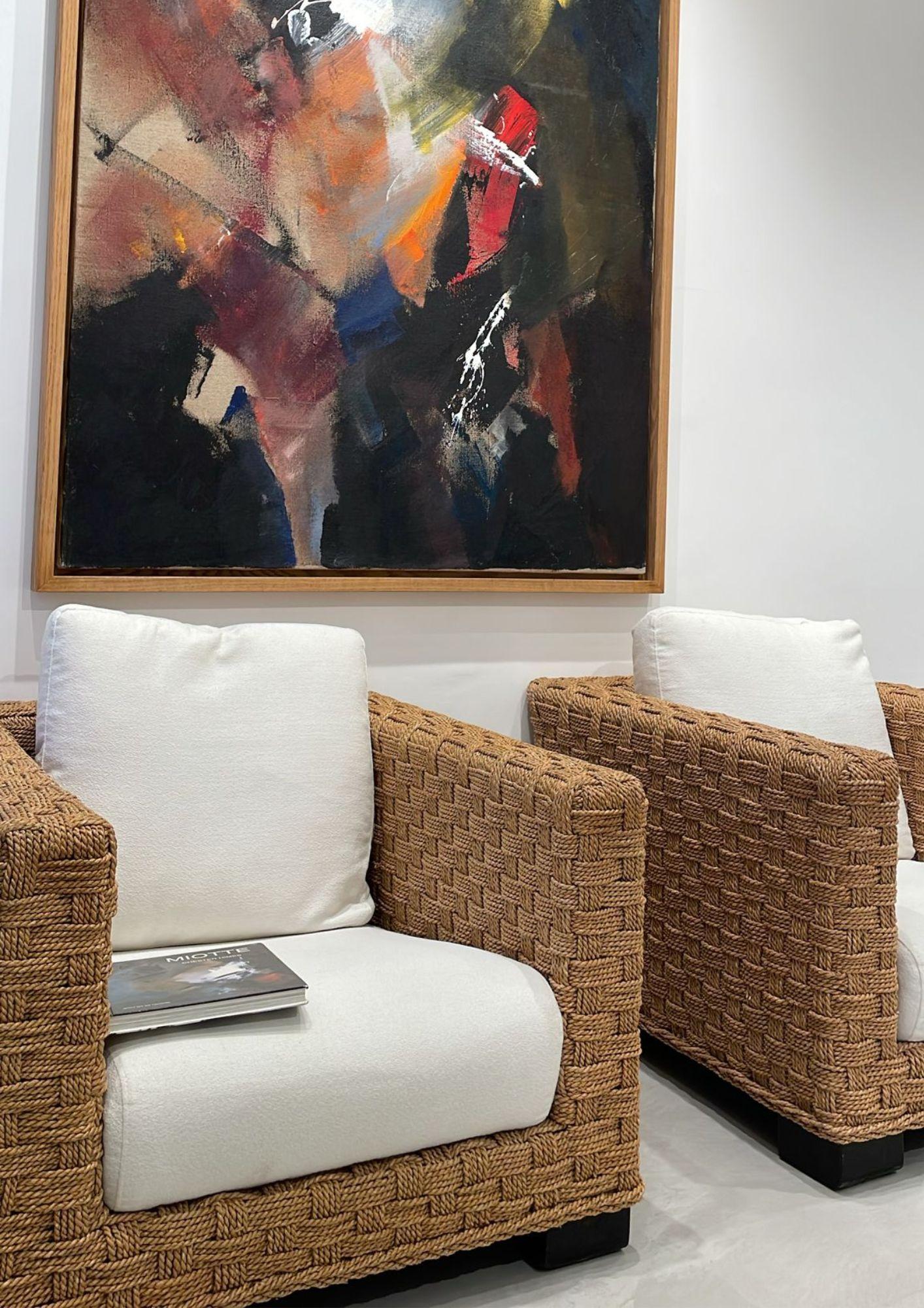 Impresionante pareja de sillones de cuerda y tela al estilo de Audoux y Minnet