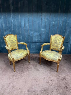 Paire de fauteuils de style Louis XVI en bois doré, tissu brodé à décor chinois