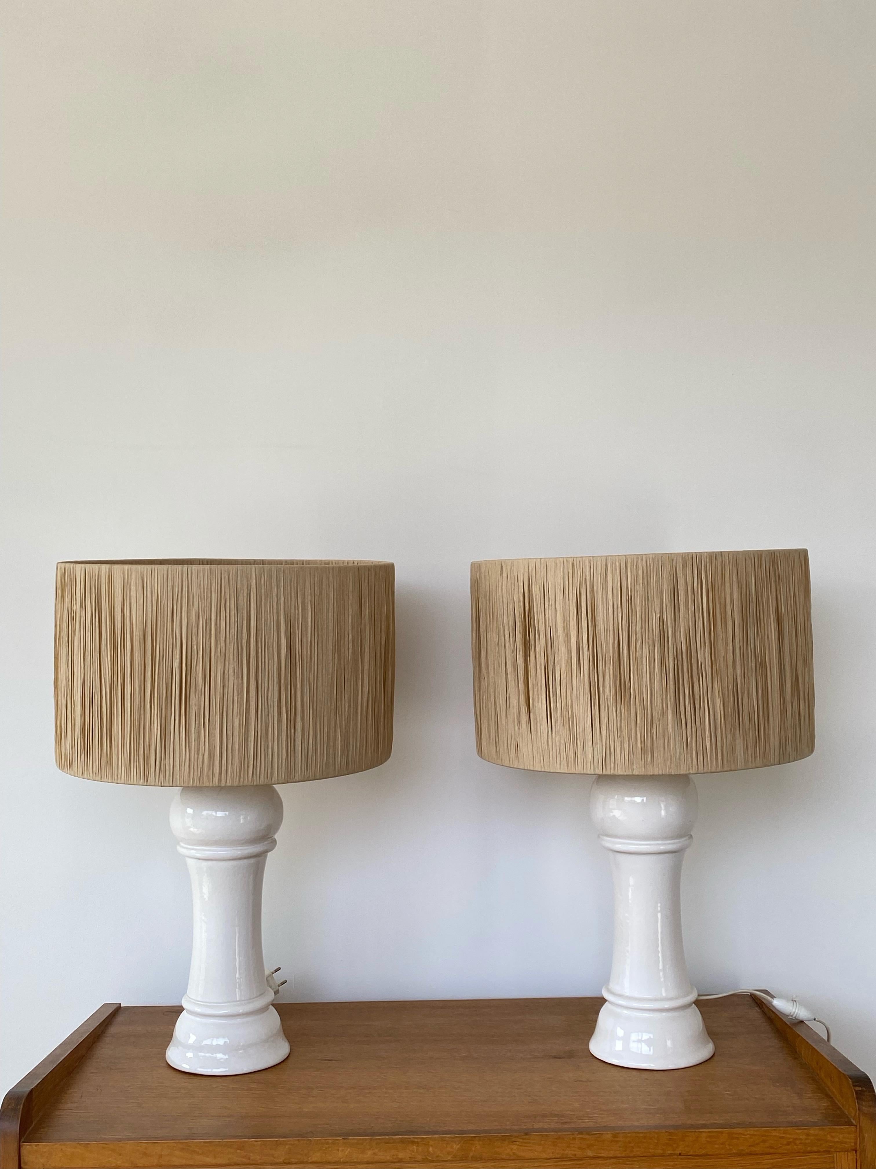 Romantic Pair Of White Ceramic Lamps With Raffia Shade, Italy, 1960s For Sale