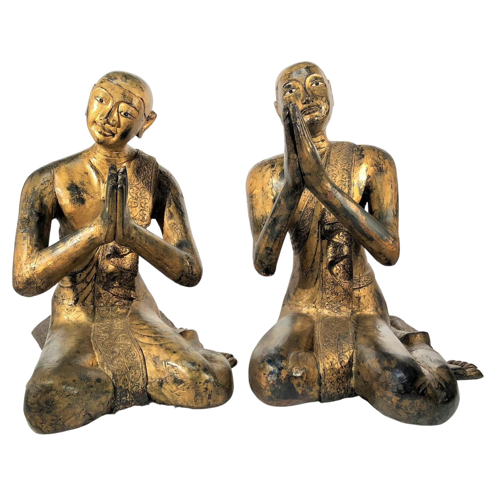 Pair of Burmese Monks in Prayer, Buddha, in gilded wood XIXth century For Sale